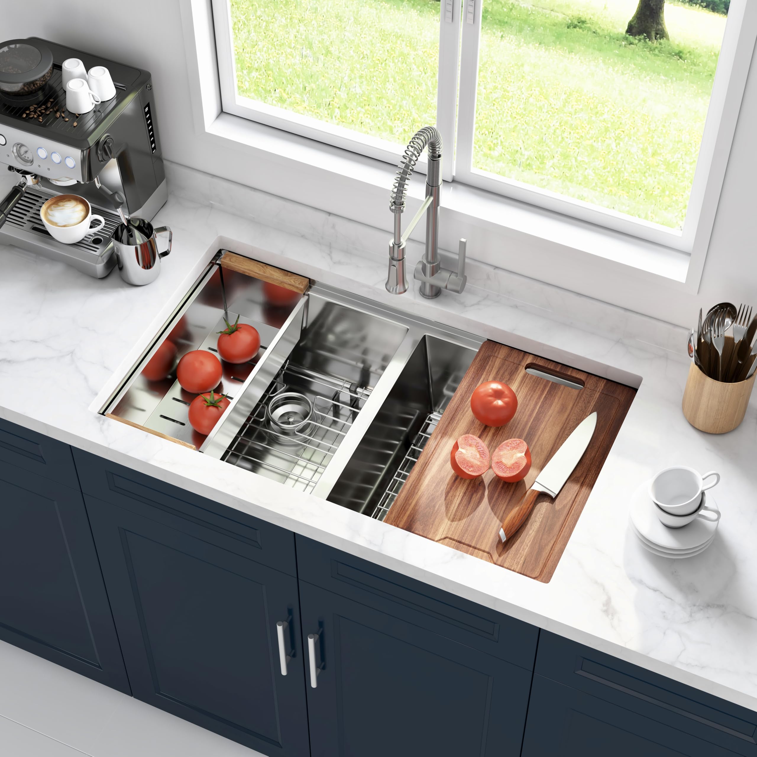 Joviprime 32 Inch Undermount 50/50 Double Bowl Kitchen Sink Workstation 16 Guage Stainless Steel Undermount Rectangular Deep Kit