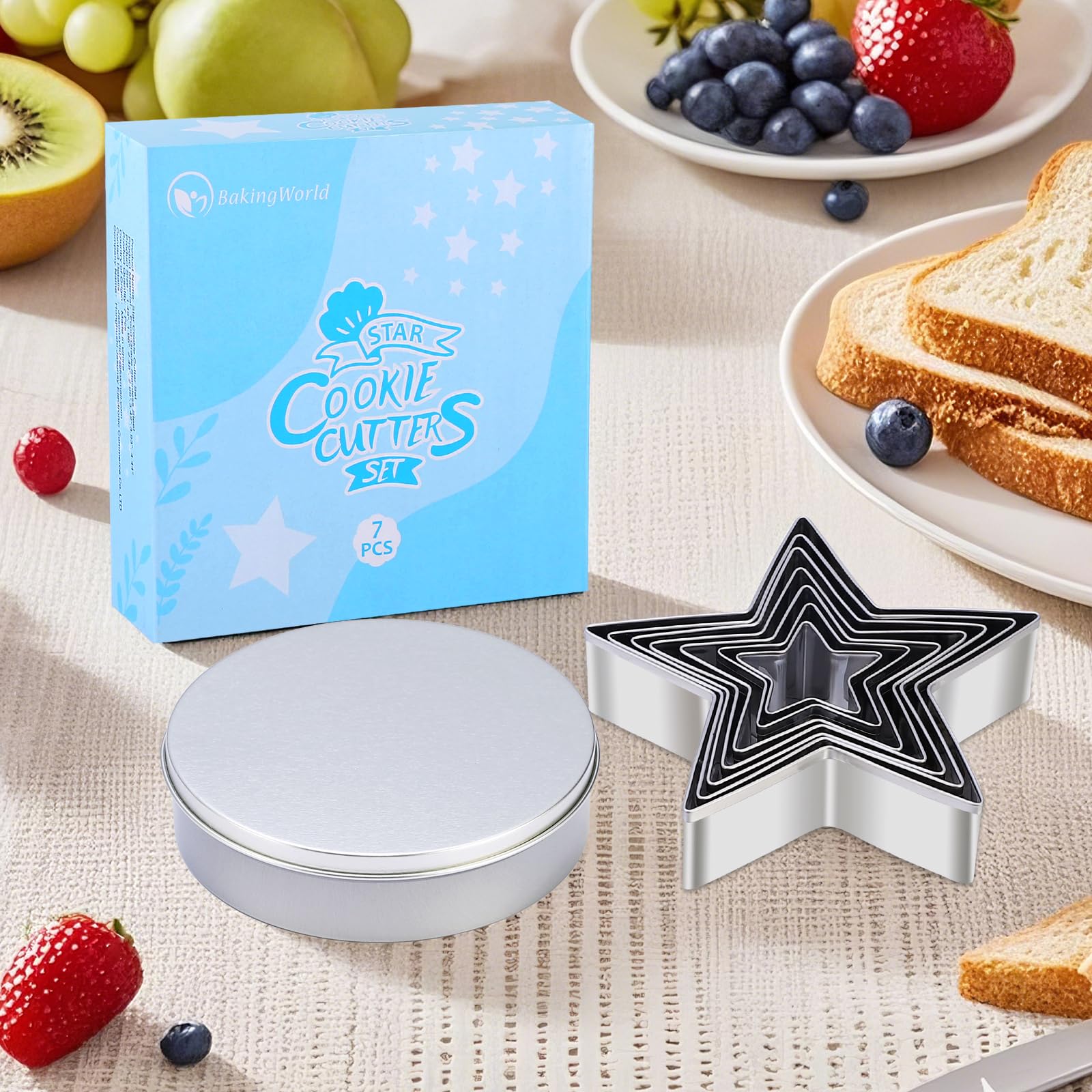 7-Piece Star Cookie Cutter Set with Metal Storage Tin | Stainless Steel Baking Tools for Cookies, Biscuits, Sandwiches | Kids Ho