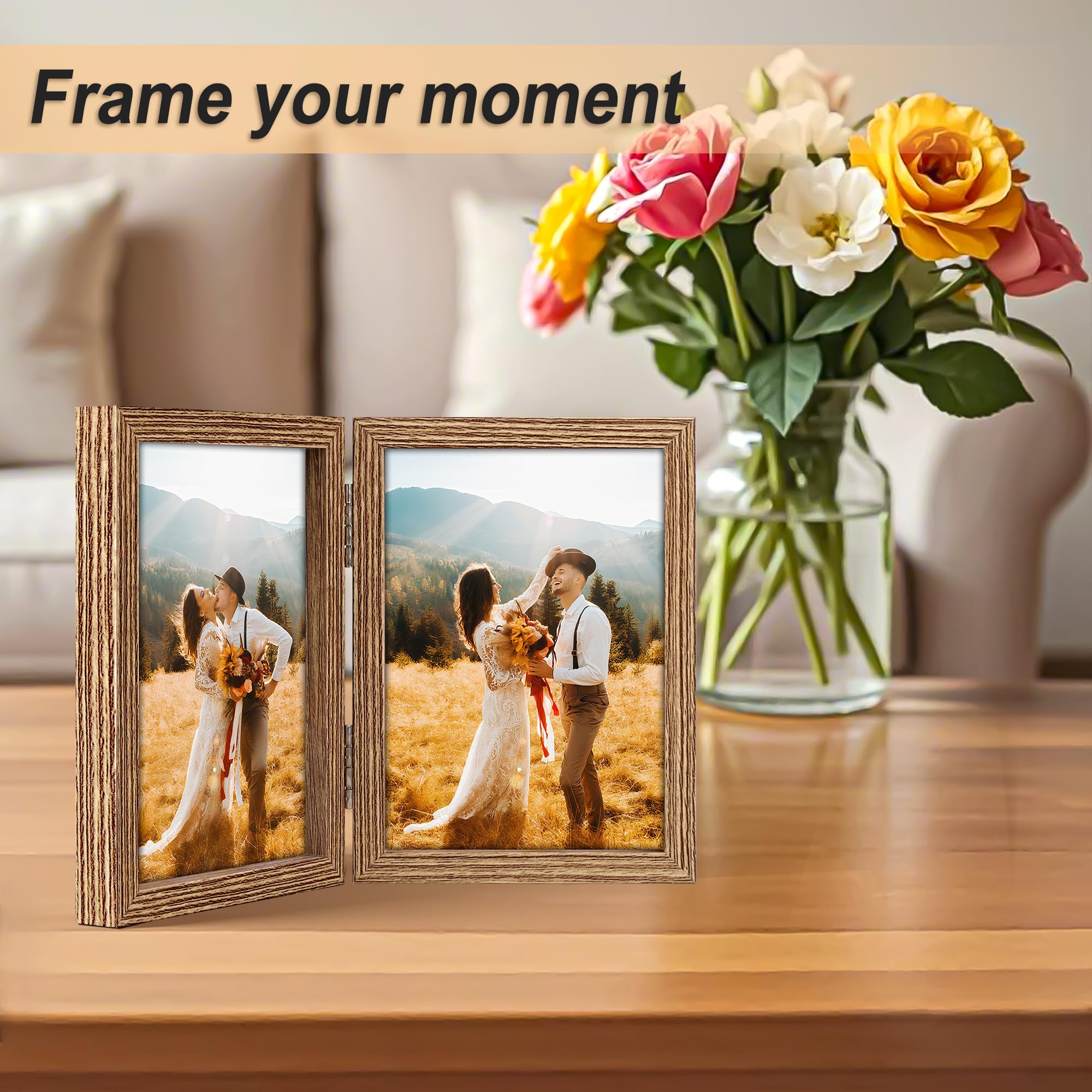 AEVETE 3.5x5 Picture Frames Double Hinged Wood Folding Photo Frames Vertical with Plexiglass Front, Wood Grain
