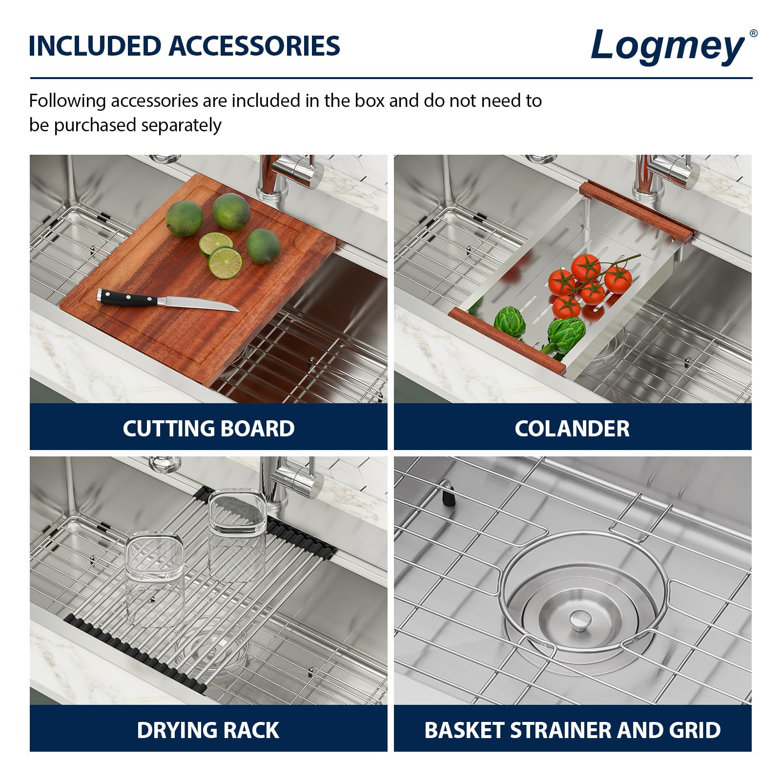 Logmey 33 Drop In Kitchen Sink - 33X19 Inch Stainless Steel 16 Gauge Workstation Kitchen Sinks Ledge Workstation Sink Single Bow