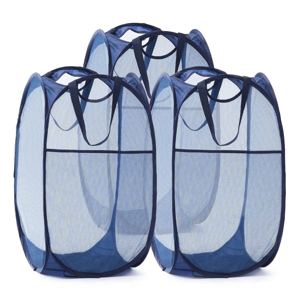 Mesh Pop Up Laundry Hamper With Durable Handles - Portable Collapsible Clothes Baskets For Dorm, Bathroom & Travel (Blue, 3 Pack
