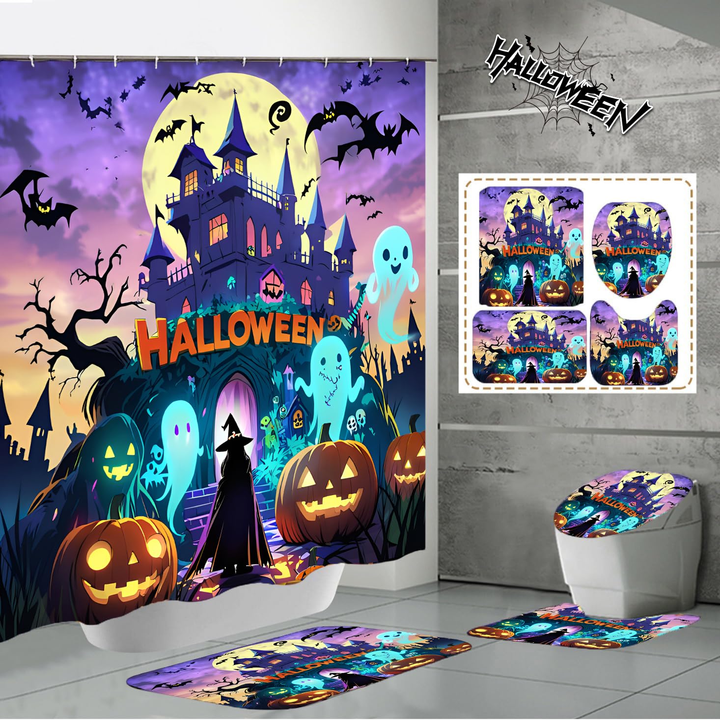 Nbvko Halloween Purple Castle Pumpkin Waterproof Shower Curtain,With Non-Slip Rugs,Toilet Lid Cover And Bath Mat,Bathroom Shower