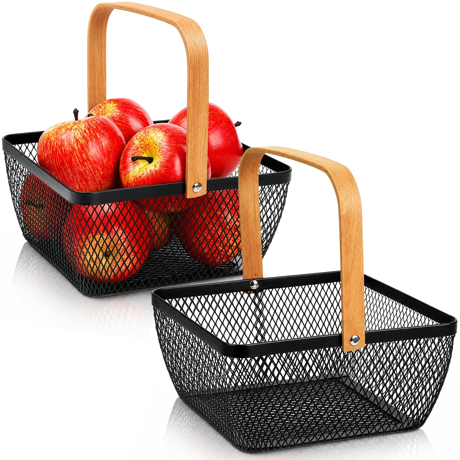 Tebery 2 Pcs Small Wire Mesh Basket with Handle, Metal Fruit Storage Organizer Bin, Grocery Shopping Harvest Market Baskets for 