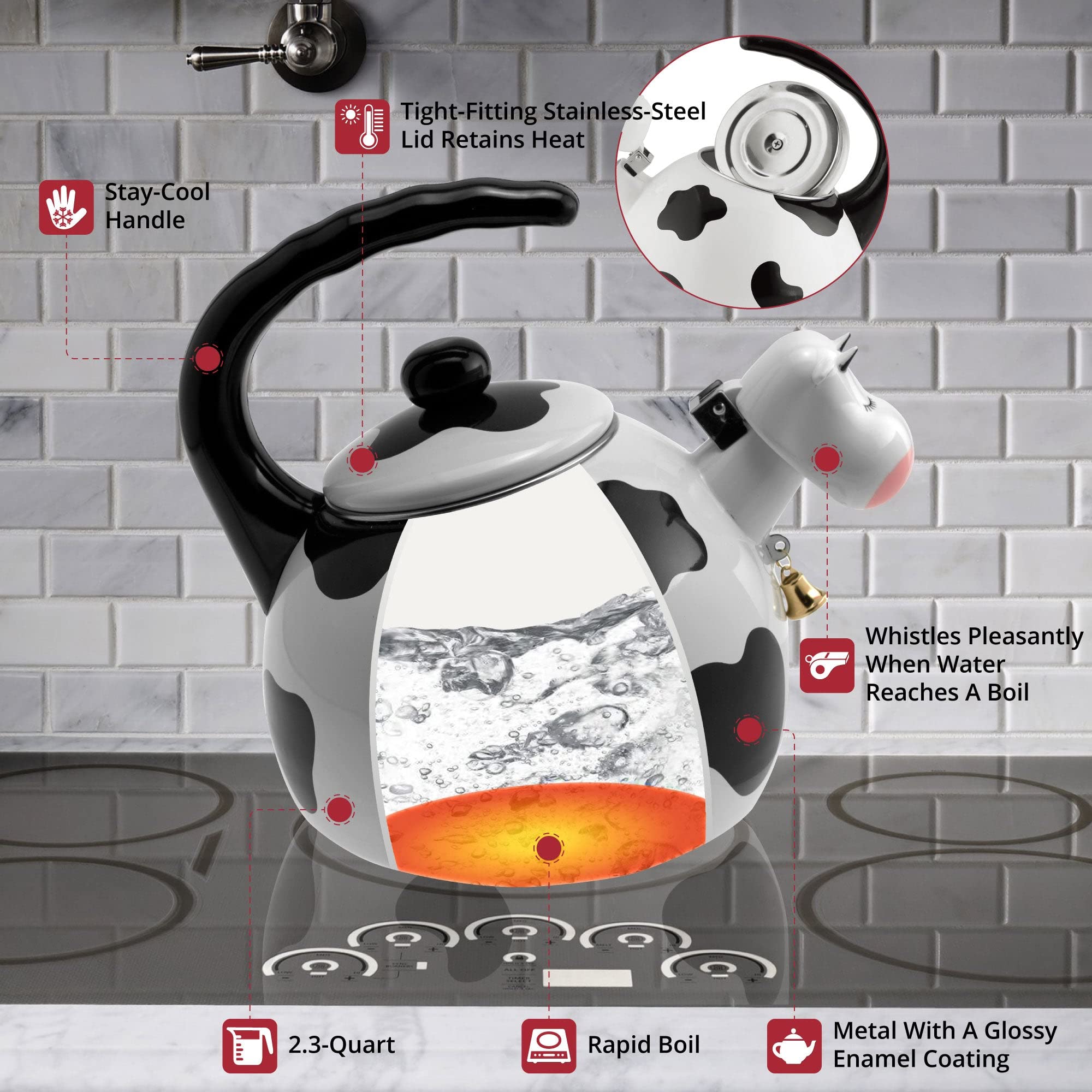 Whistling Tea Kettle For Stove Top Enamel On Steel Teakettle, Supreme Housewares Cow Design Teapot Water Kettle Cute Kitchen Acc