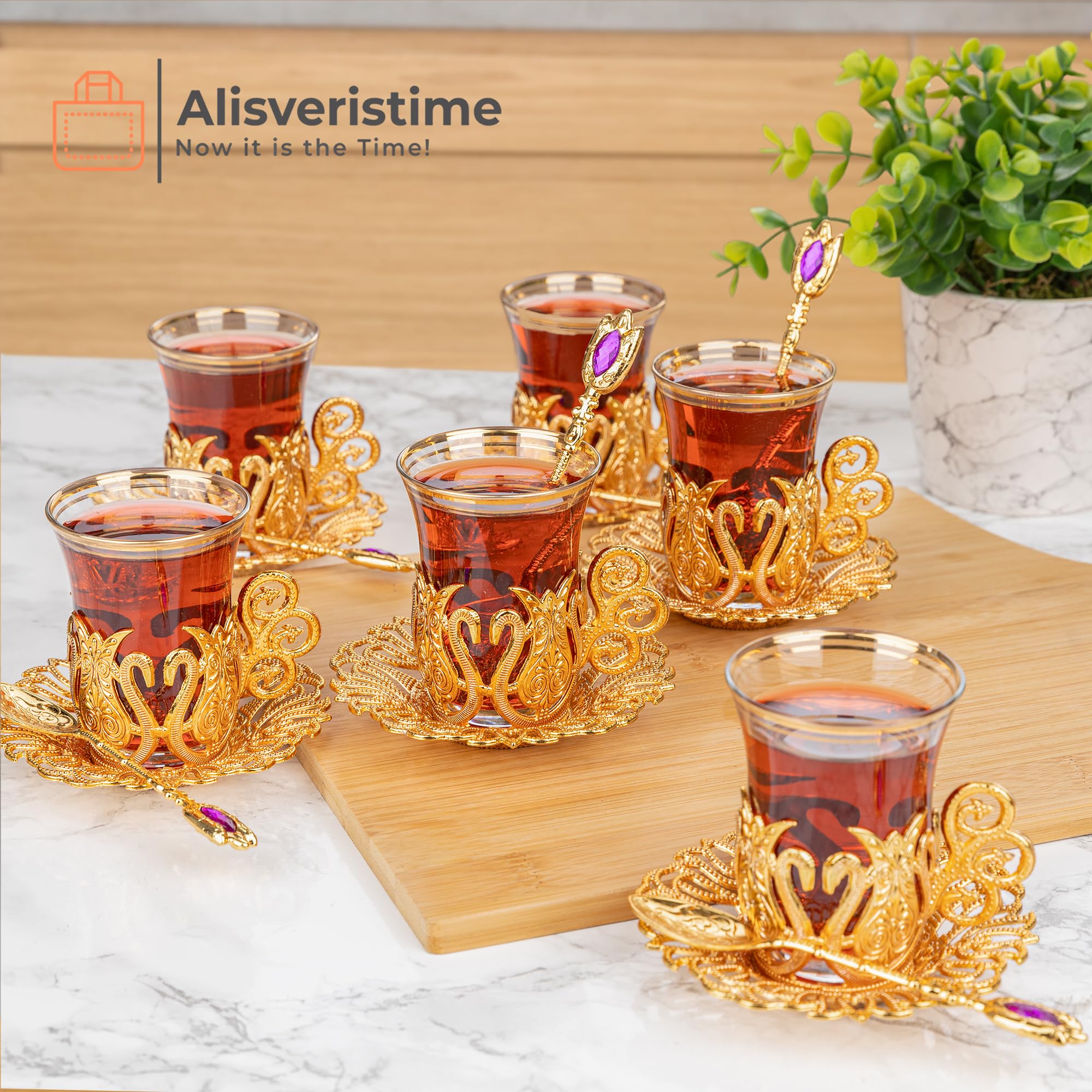 Alisveristime (Set Of 6 Handmade Turkish Tea Water Zamzam Serving Set Glasses Saucer And Spoon (Ottoman) (Gold)