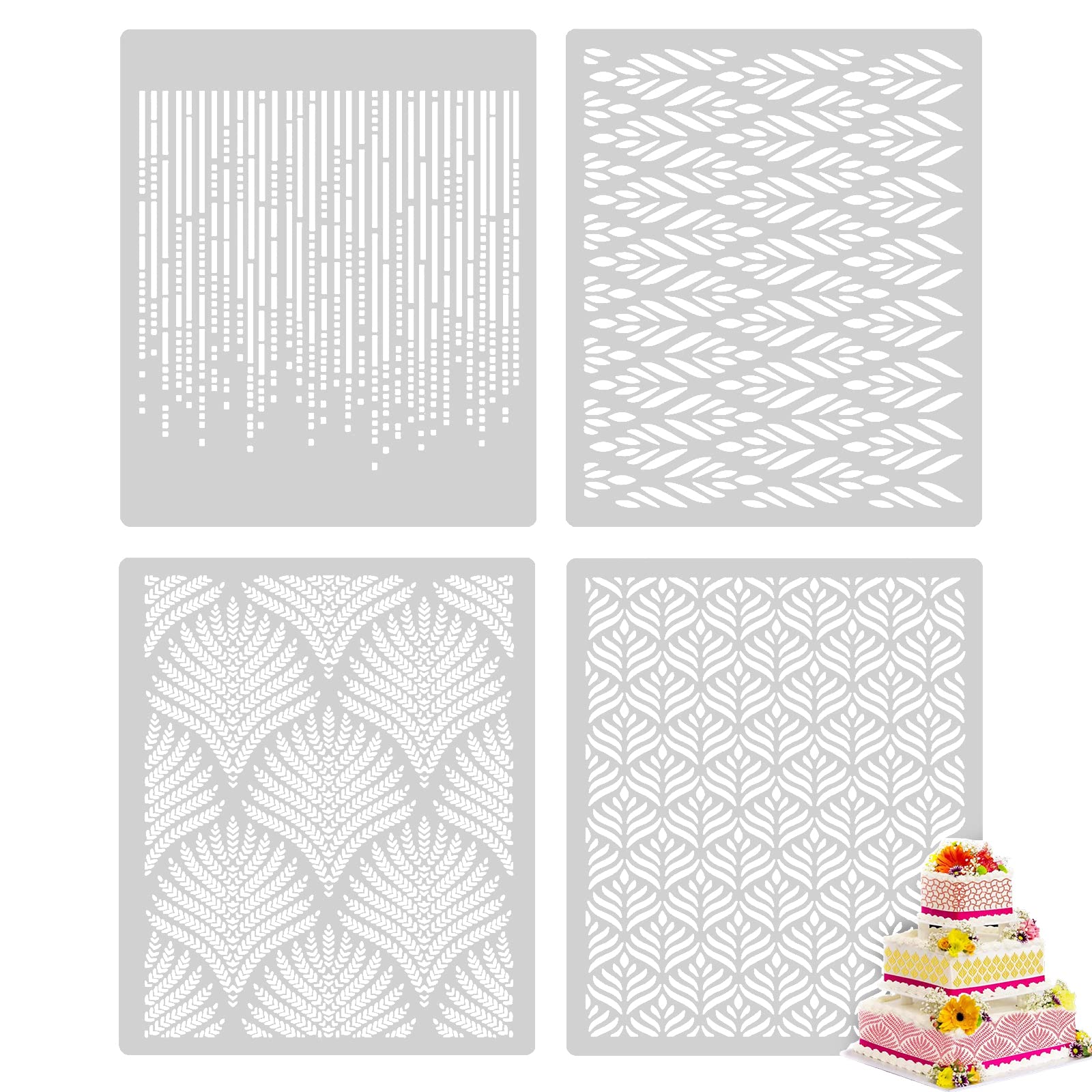 Cake Decoration Stencils, 4 Pcs Cake Embossing Stencil Wheat Spike Lace Border Mould Buttercream Flowers Cake Templates For Cook