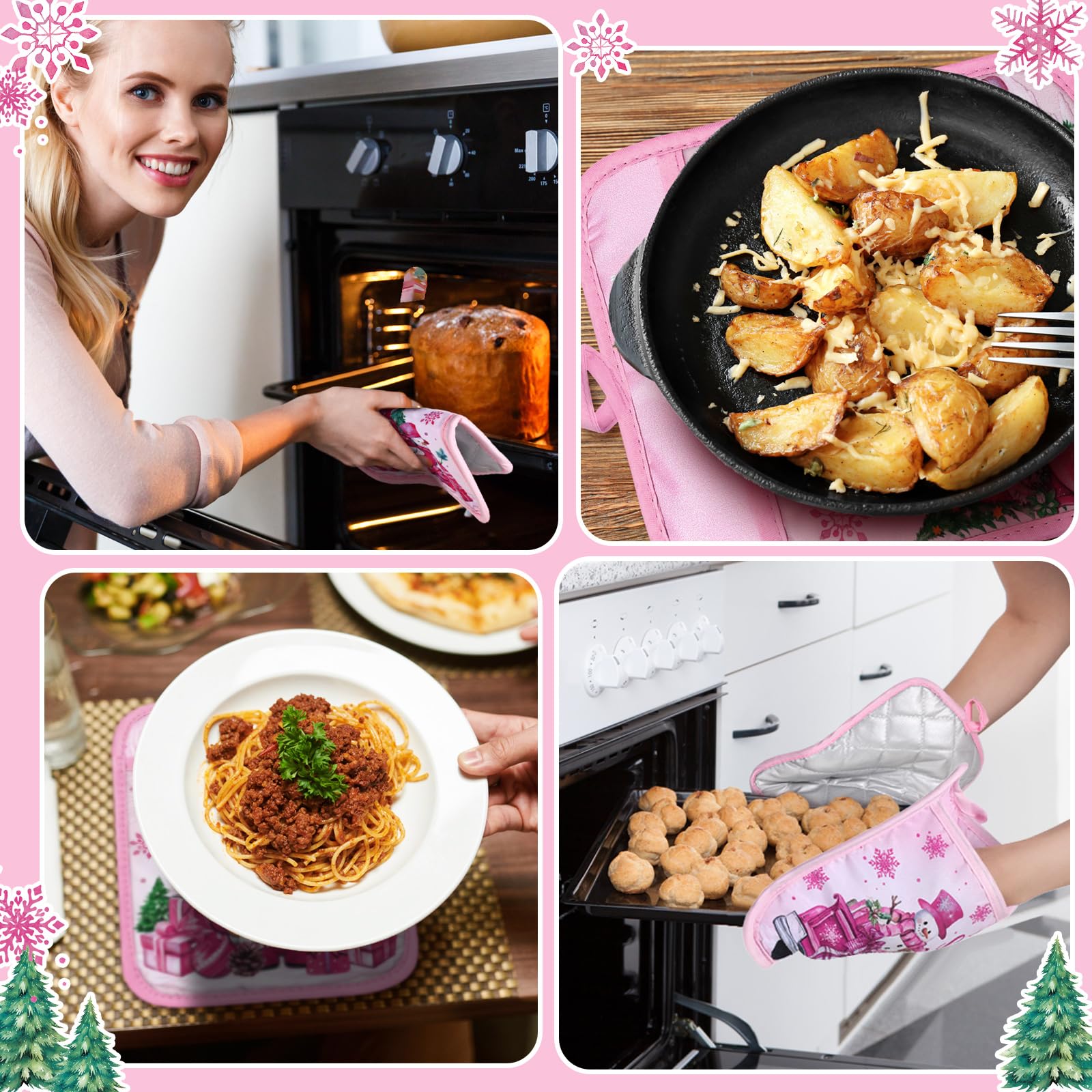 Jingmore 12 Pcs Pink Christmas Pot Holders with Pocket Hello Winter Pot Holders Gift Bulk Snowman Gnome Heat Resistant Hot Pads
