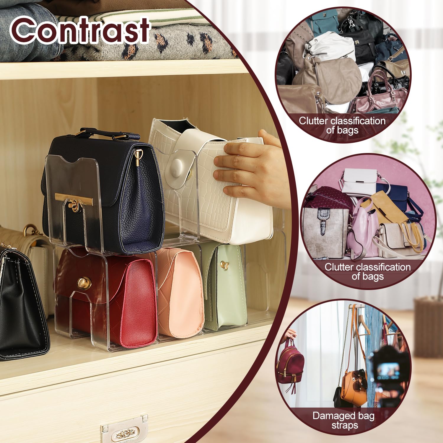 frtzal Purse Handbag Organizer 4 Sections Bag Closet Shelf Divider Purse Display Stand Handbag Storage Organizer Clear Desk File
