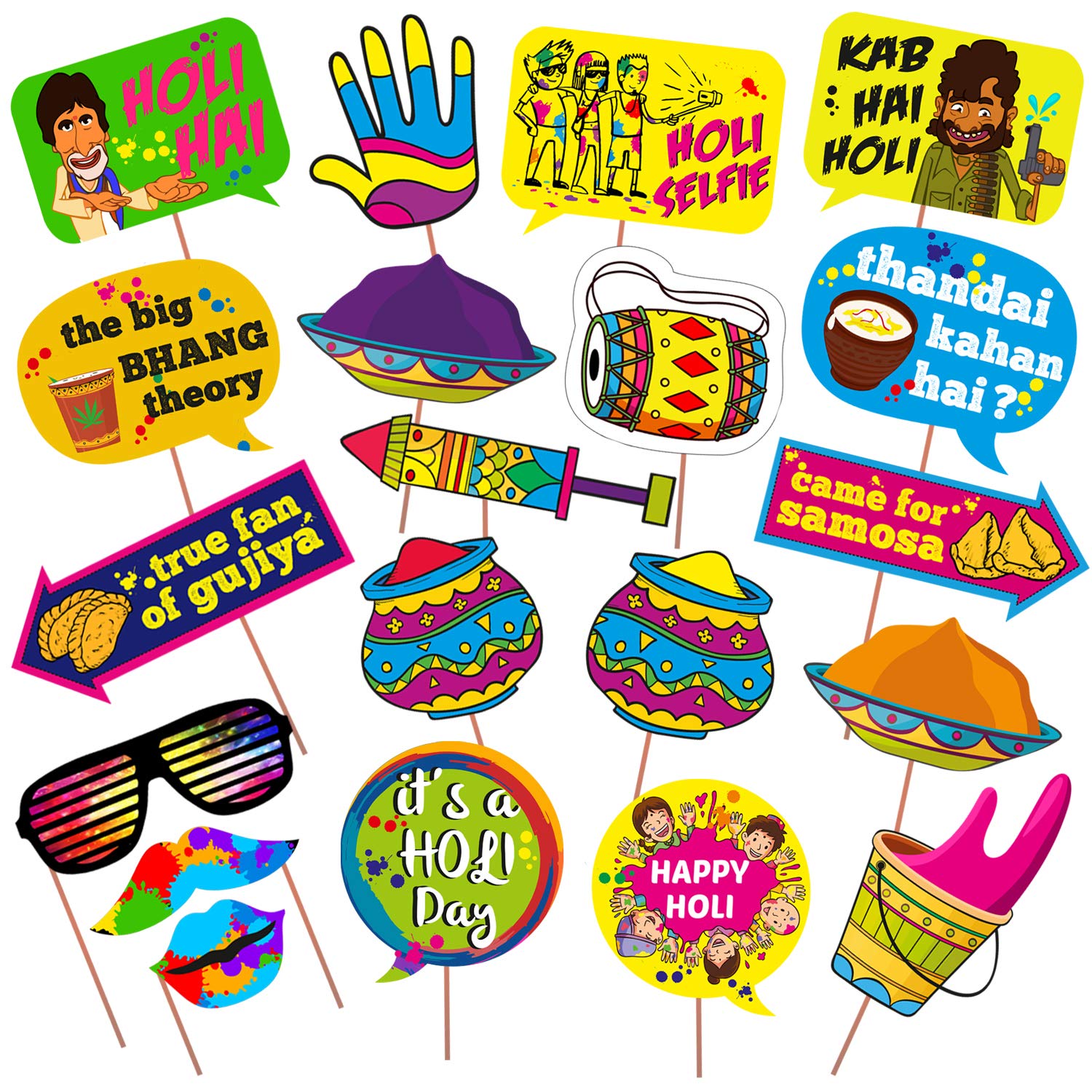 Zyozique 20 Pcs Holi Photo Booth Props/Holi Props for Photoshoot/Happy Holi Paper Banner/Happy Holi Decoration for Holi Festival