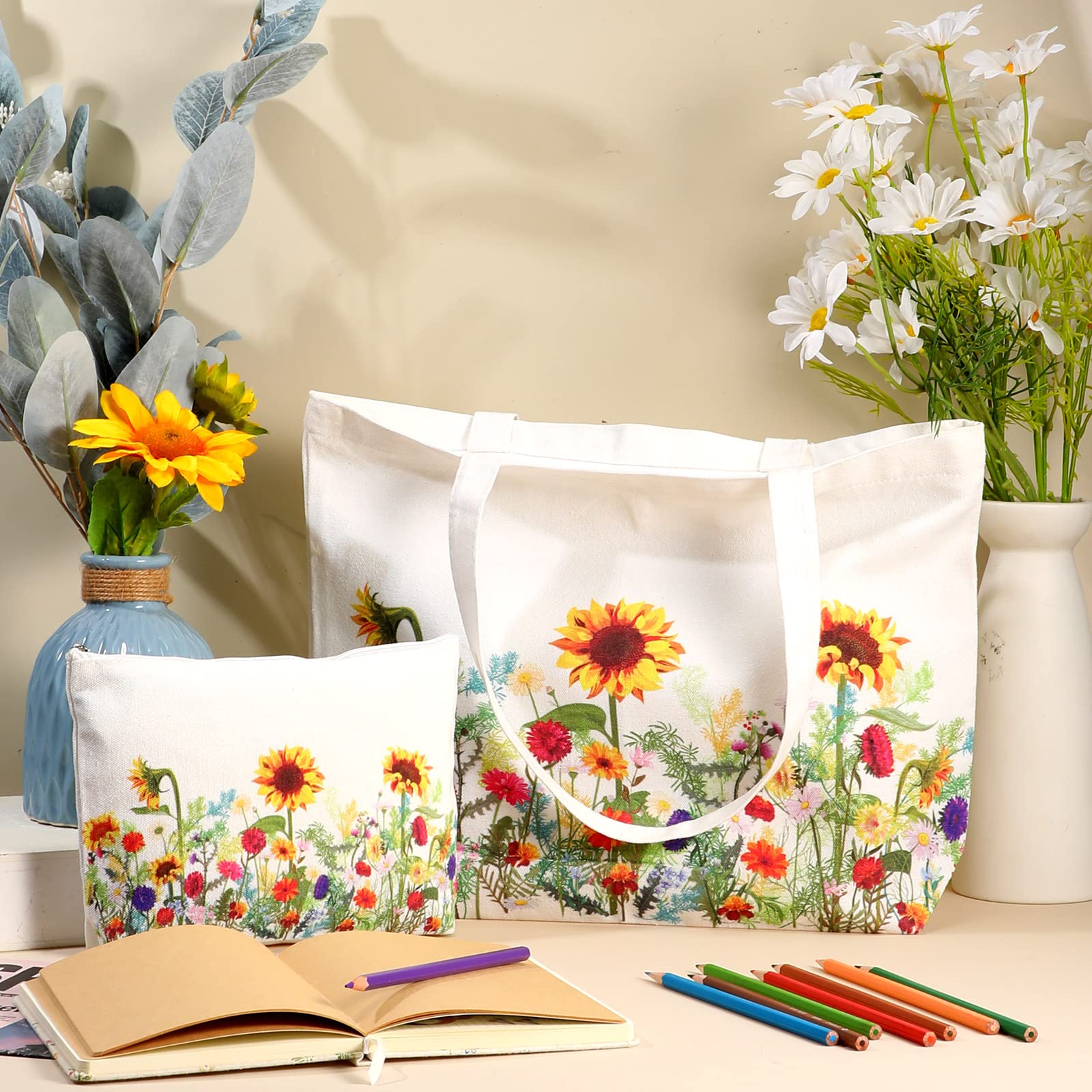 Sadnyy 2 Pcs Sunflower Canvas Tote Bags For Women Cute Aesthetic Floral Makeup Bags Gift For Valentine Shopping Travel Work Gym
