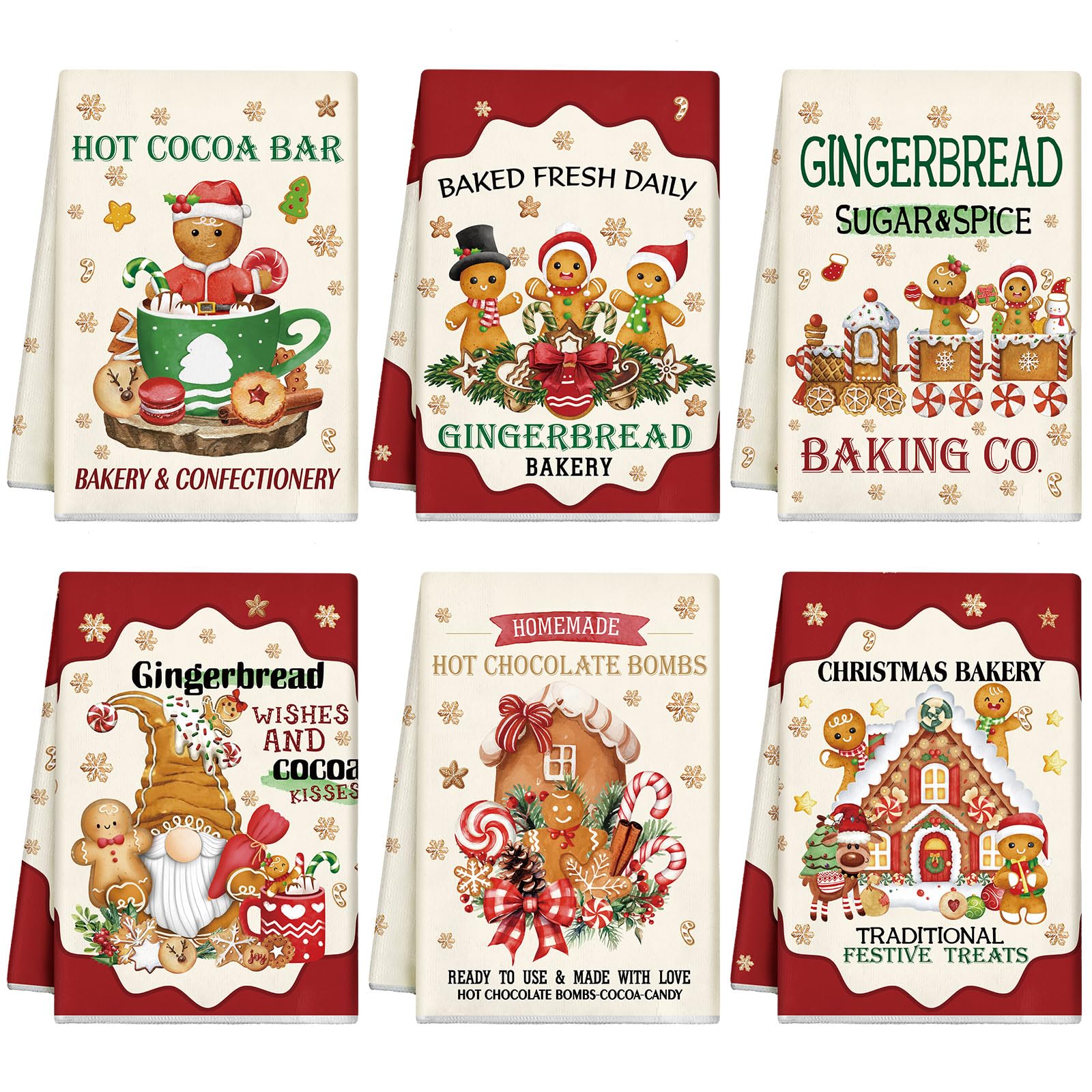 Hosuly 6 Pcs Christmas Kitchen Towels Christmas Gingerbread Man Dish Towel Funny Gingerbread Cookie Tea Towels Xmas Hot Cocoa Gn