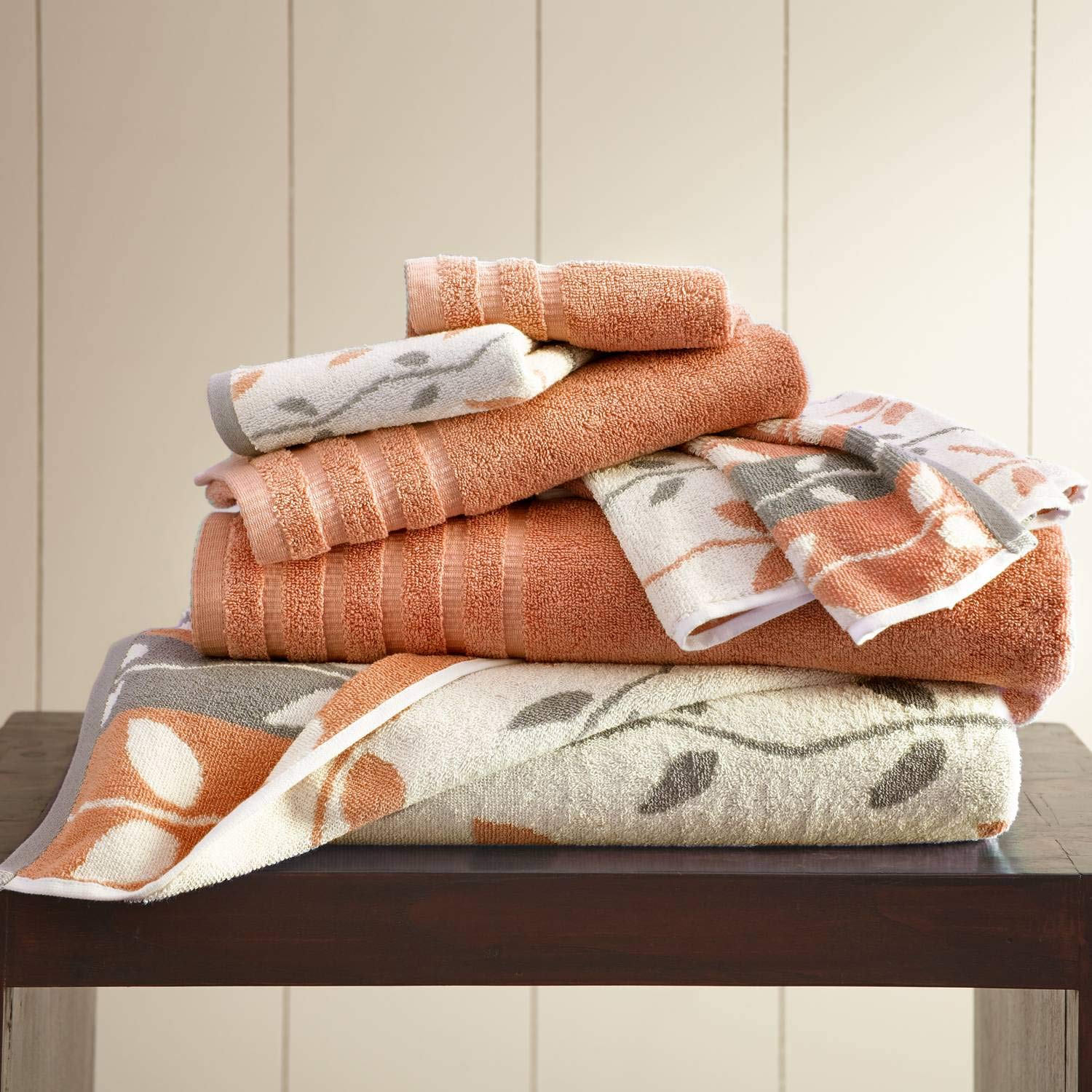 Amrapur Overseas 6-Piece Yarn Dyed Organic Vines Jacquard/Solid Ultra Soft 500Gsm 100% Combed Cotton Towel Set [Coral]