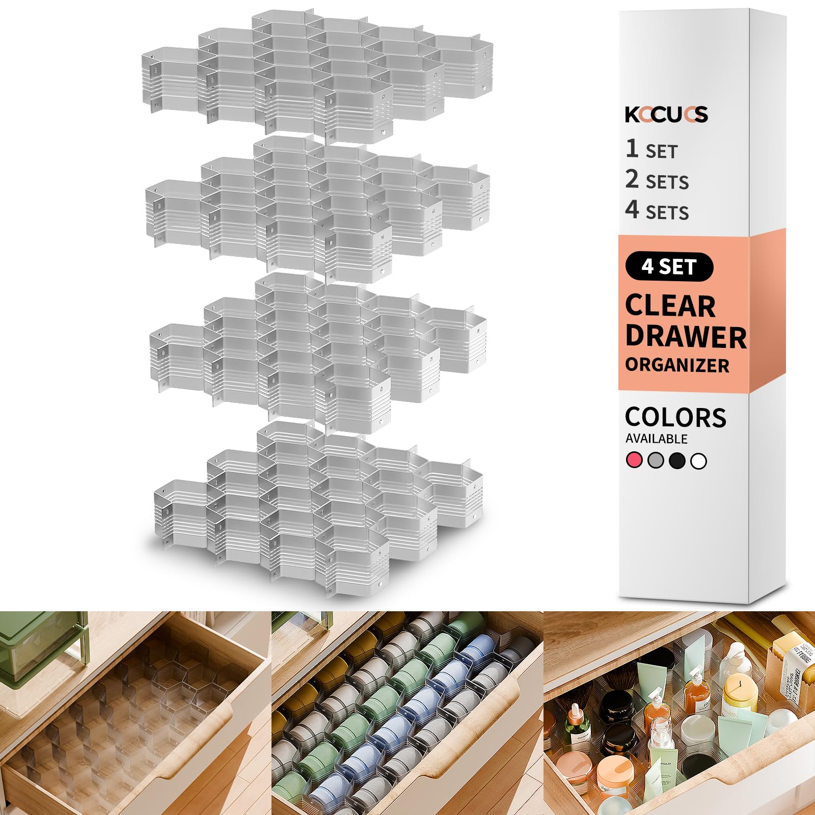 Kocuos Honeycomb Separator Adjustable Drawer Organizer Divider for Underwear Belt-Scarf Socks Organizer (Gray(4pcs))