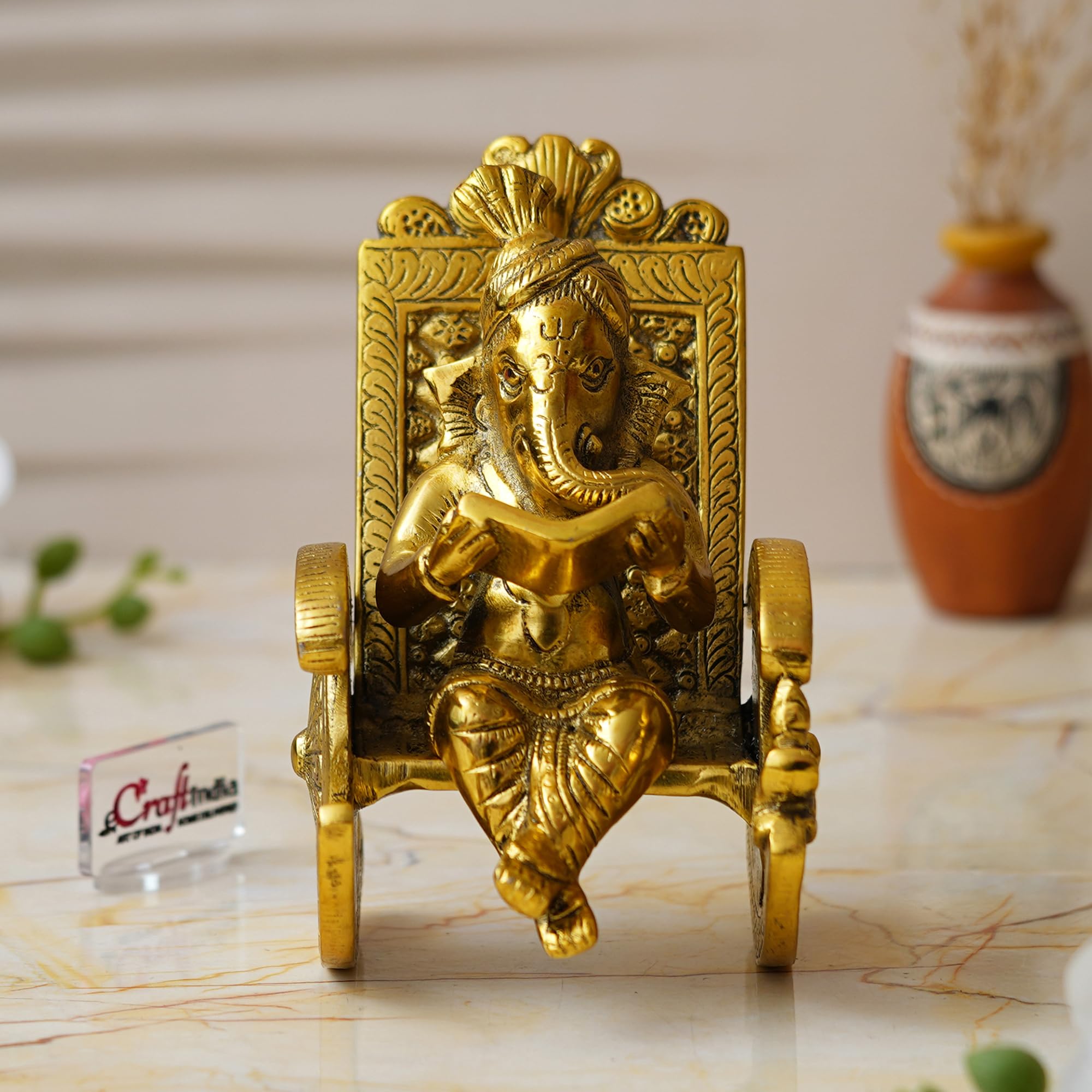 Ecraftindia Golden Metal Handcrafted Lord Ganesha Idol Reading Book On Rocking Chair - God Idol For Home Decor, Office Desk, And