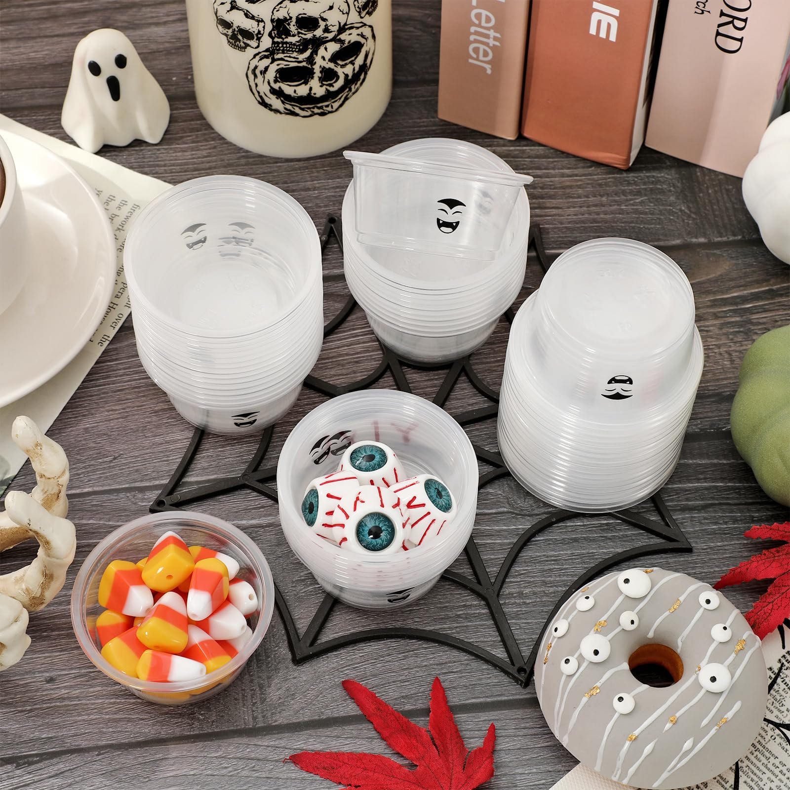 JarThenaAMCS 200Pcs 2 Oz Halloween Jelly Plastic Portion Containers Shot Cups with Lids Pumpkin Ghost Skeleton Monster Mini Sauc