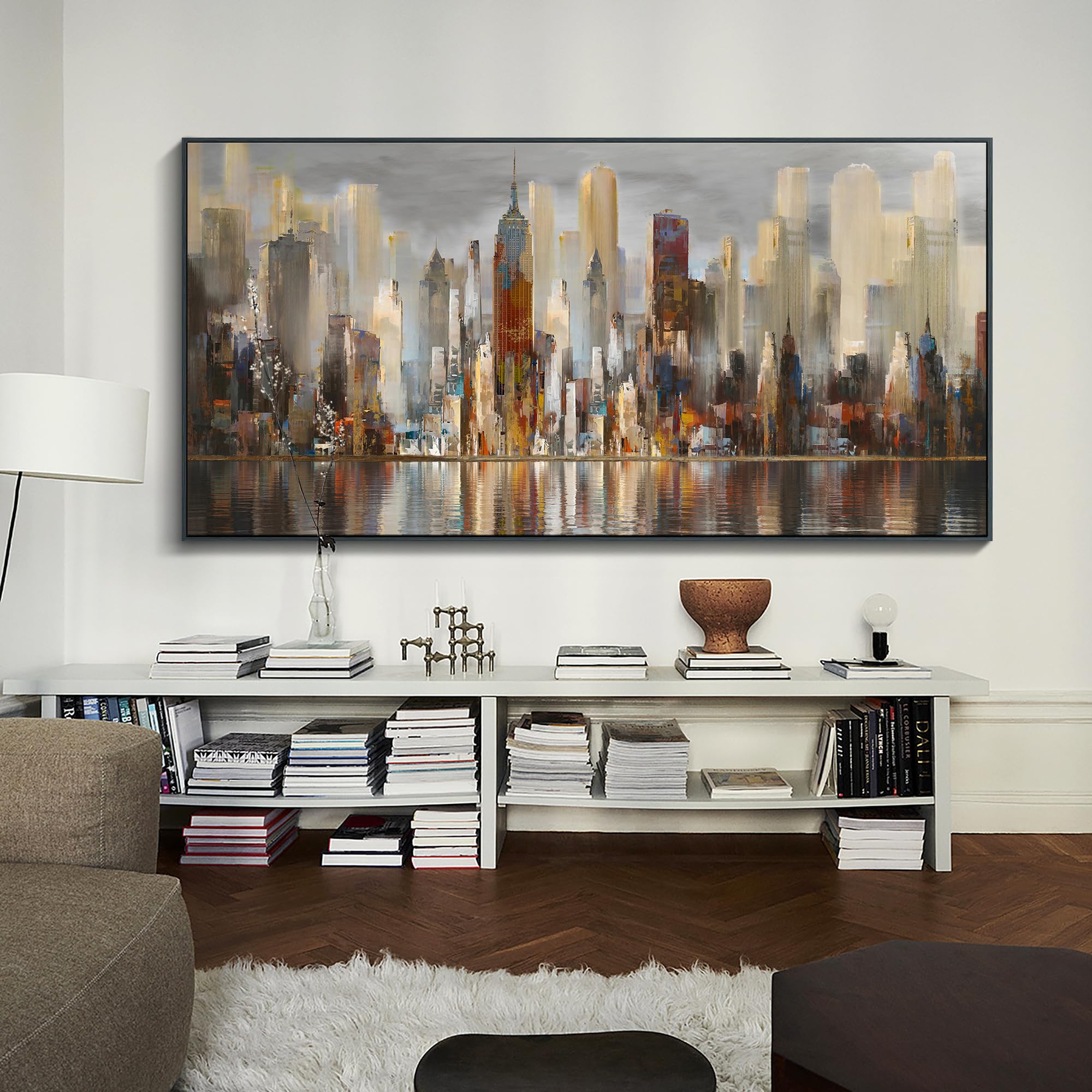 Mofutinpo Large Black Framed Cityscape New York Abstract Wall Art Brown City Theme Paintings Modern Canvas Office Wall Decor Liv
