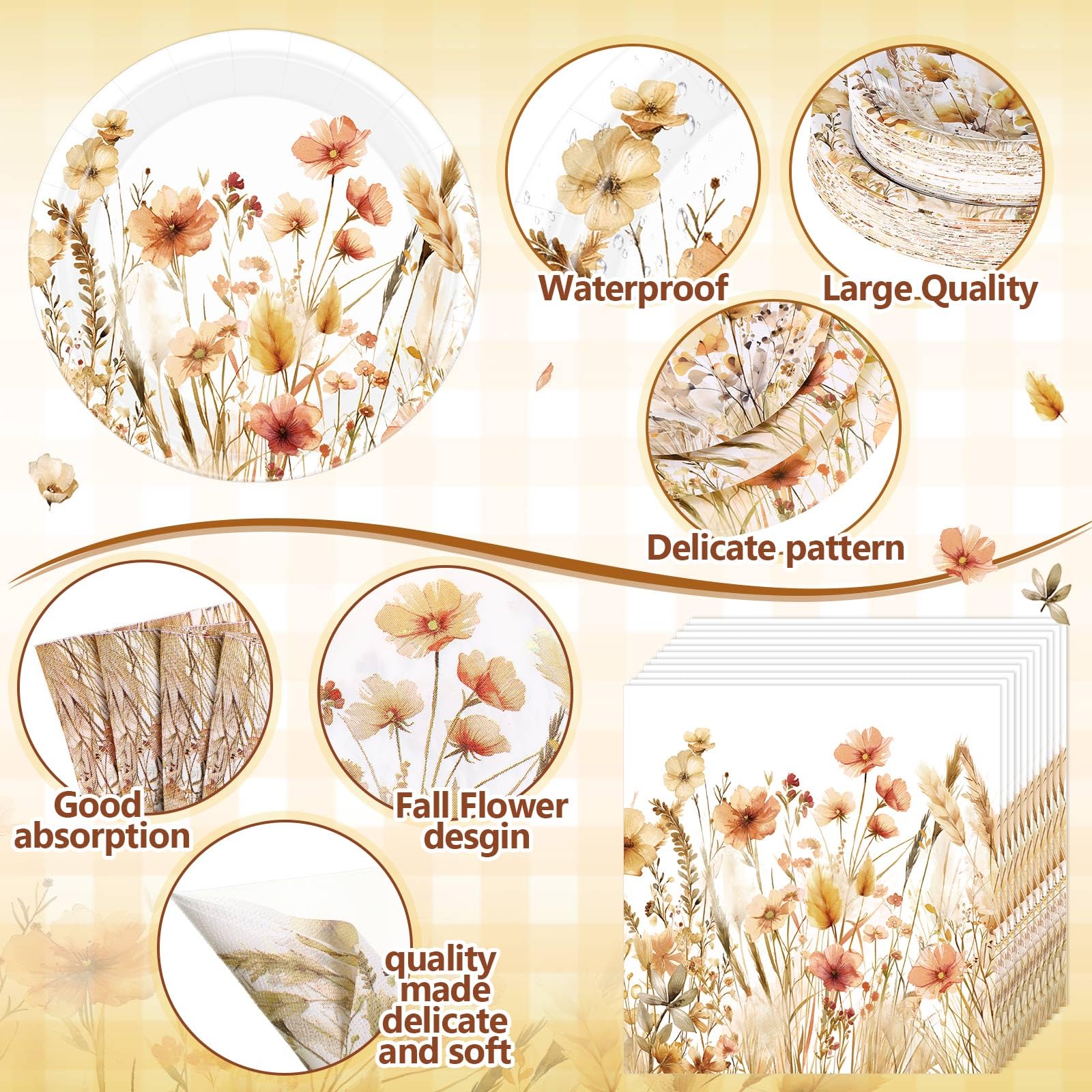 Layhit 202 Pcs Fall Wildflower Party Decoration Supplies Brown Floral Paper Plates Napkins Cups Butterfly Flower Tablecloth for