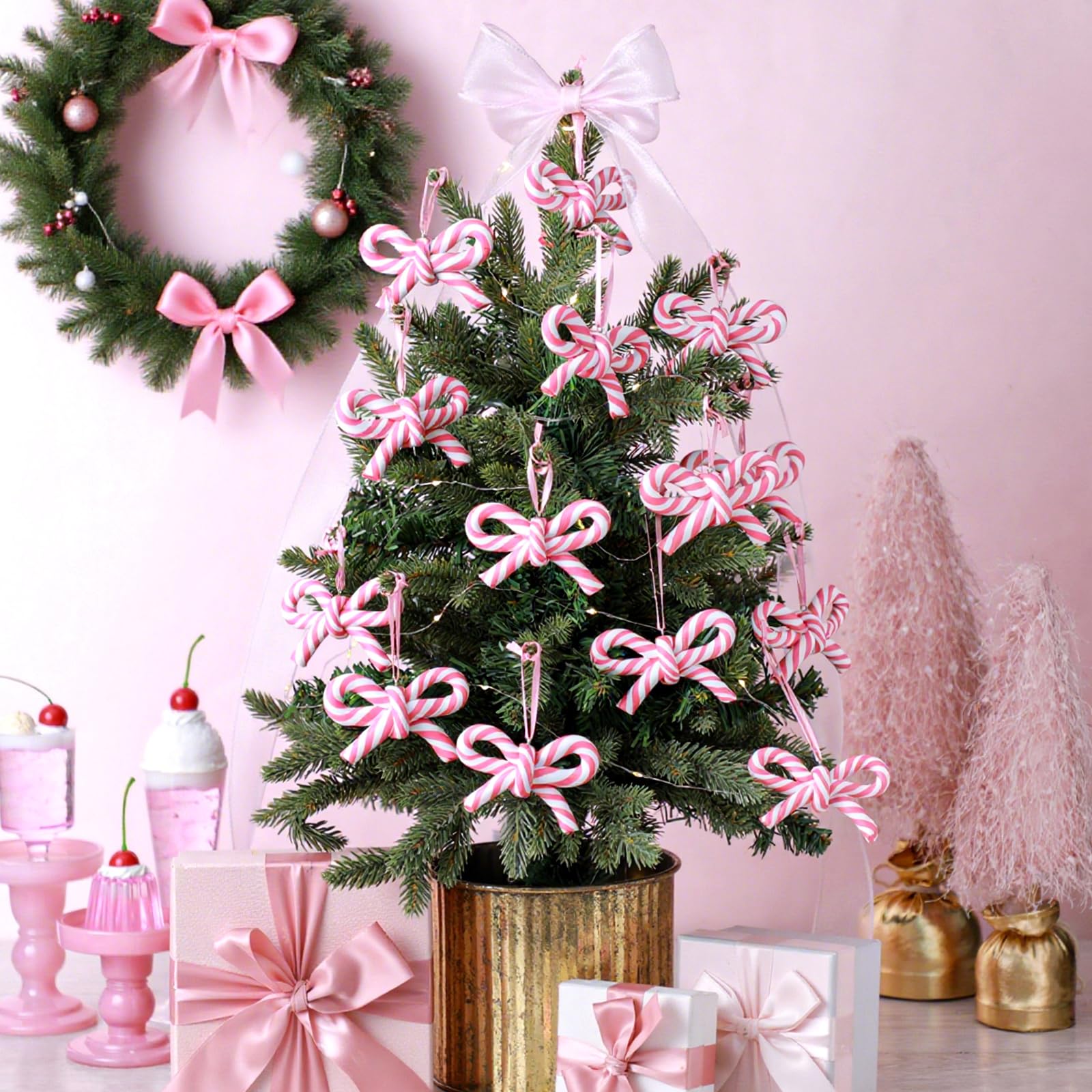 Hungdao 24 Pcs Bow Candy Cane Christmas Ornaments Pink and White Christmas Tree Decoration Stripe Candy Cane Hanging Ornament Po