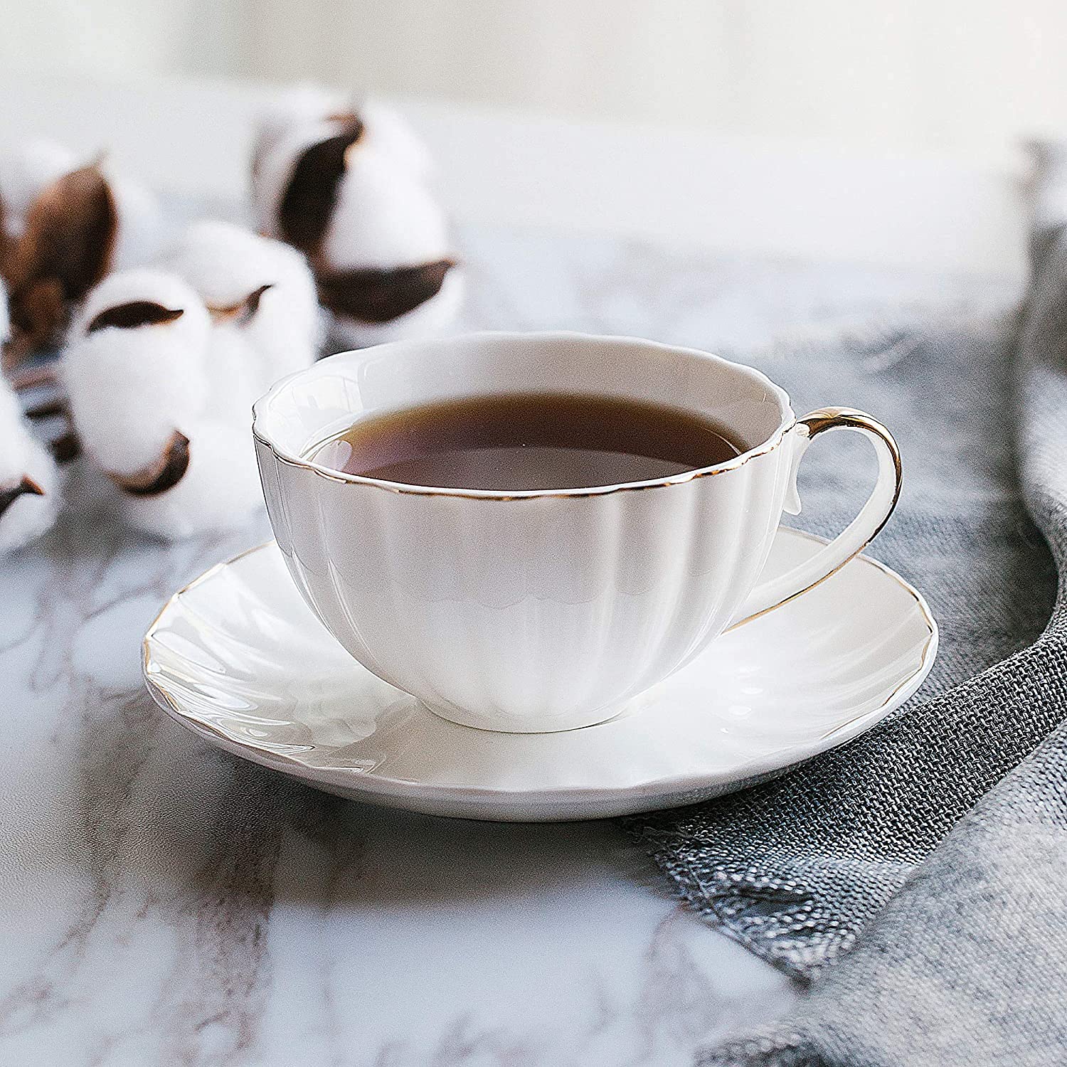 Btat- Classic Tea Set, 13 Pcs, Tea Cups (7Oz), Tea Pot With Stainless Steel Infuser (32Oz), Creamer And Sugar Set, Porcelain Tea