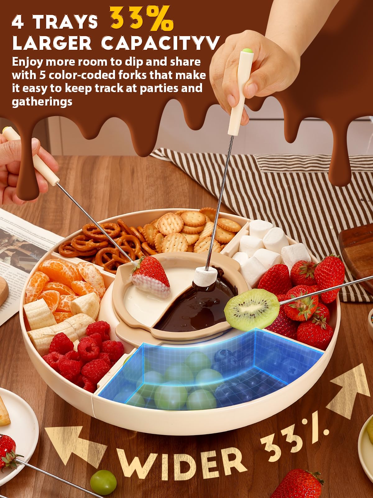 LUSHYUM Chocolate Fondue Pot Set Electric Melting Machine, 4-Cup Capacity 4 Trays 5 Forks 1 Spatula Cheese Warmer, Ideal Gift fo