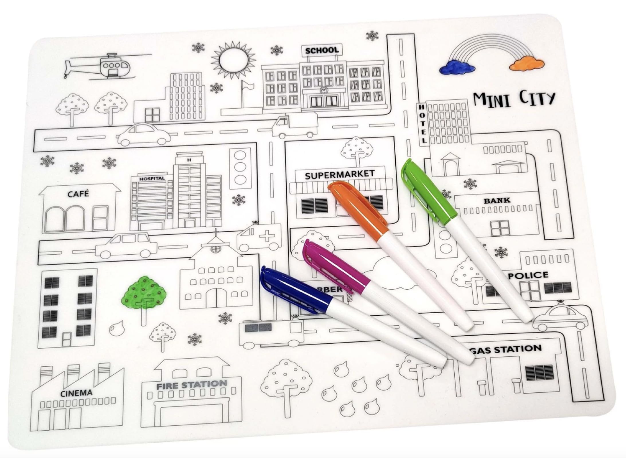 BeFunky Silicone Coloring Placemat Washable Drawing Doodle Mat for Kids Learning Table Mat 8 Markers Included | Painting Mat 