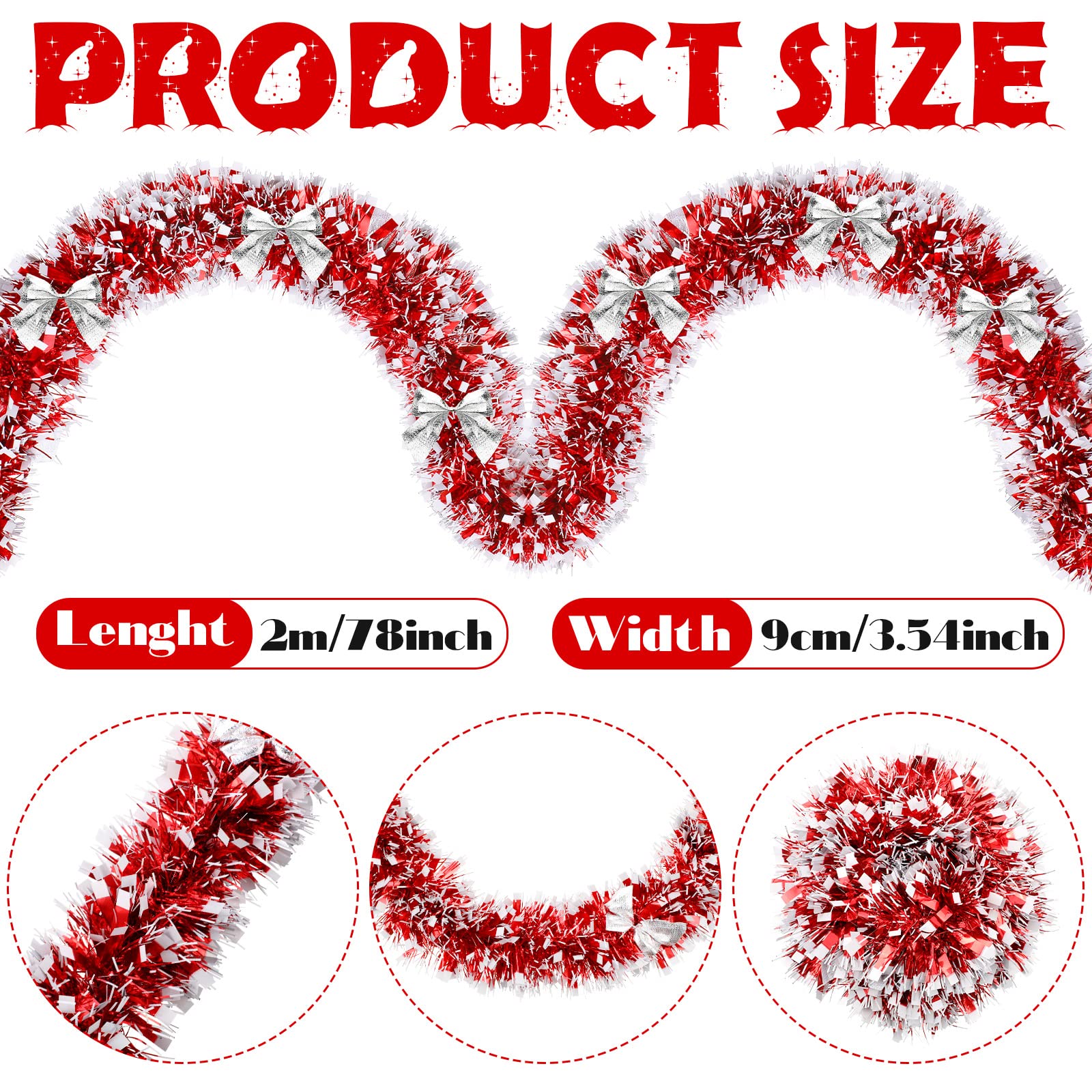 6 Pieces 39.4 ft Christmas Tinsel Garland with Red Bows Fluffy Tinsel Garland Soft Glitter Decorations Vintage Wreaths for Party