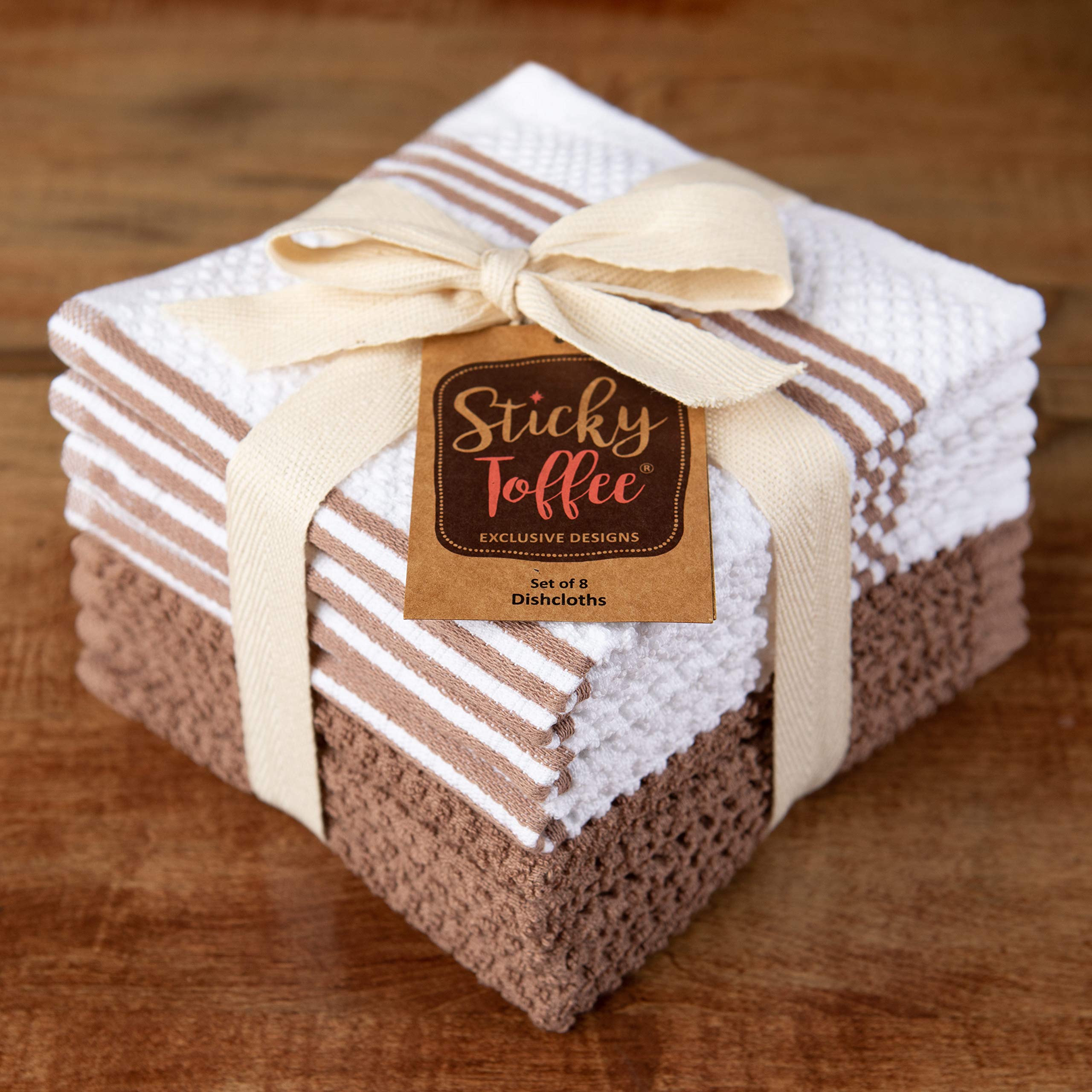 Kitchen Towels Dishcloths 100% Cotton  Set of 8  Brown and White Dish Cloth Towels  Tea Towels  Reusable and Absorbent Cleaning Cloths  Oeko-Tex Cotton  12 in x 12 in
