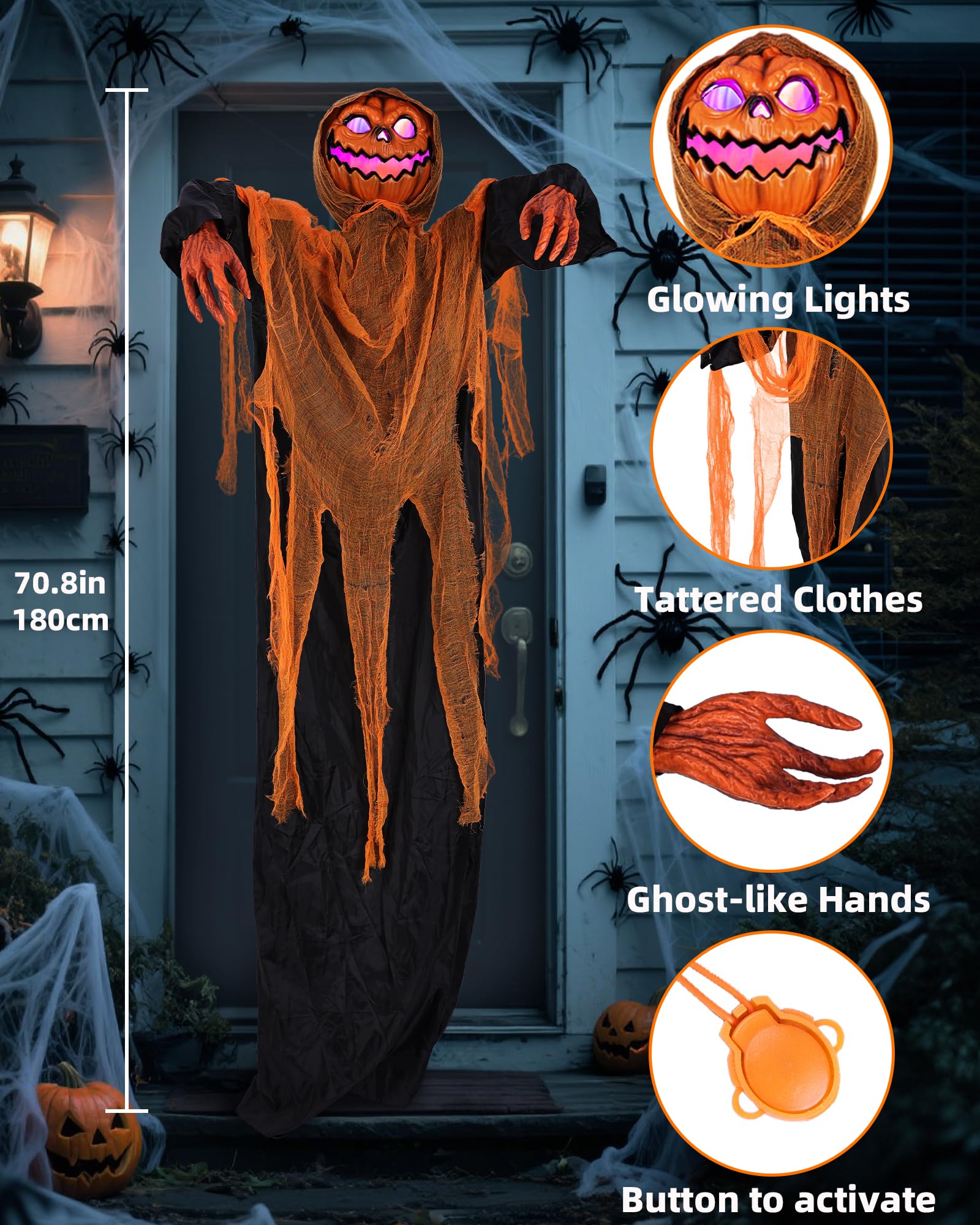Joomer Animated Halloween Decorations Outdoor, Life-Size Animatronic Standing Pumpkin Man Decoration with Spooky Sound Activated