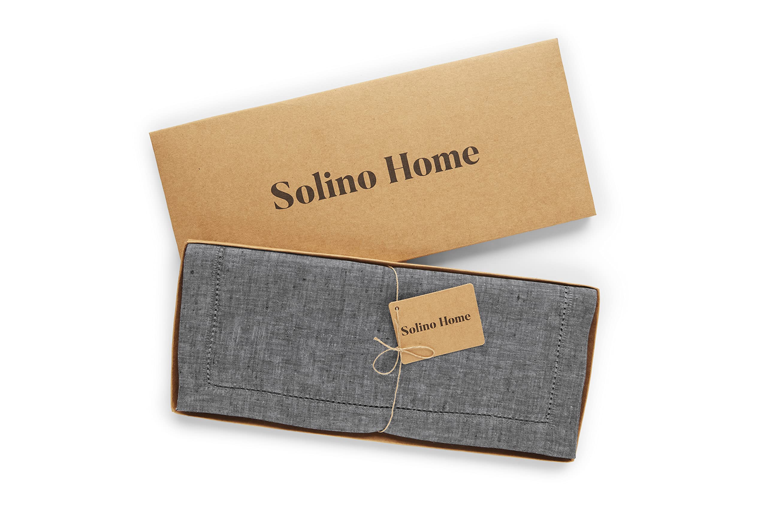 Solino Home Hemstitch Linen Table Runner Charcoal Grey - 100% Pure Linen 14 x 108 Inch Long Table Runner for Spring  Summer -