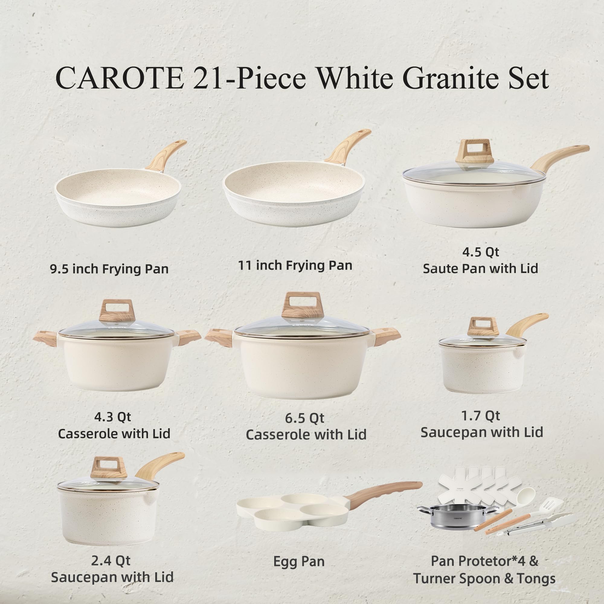 CAROTE 21Pcs Pots and Pans Set, Nonstick Cookware Sets, White Granite Induction Cookware Non Stick Cooking Set w/Frying Pans & S