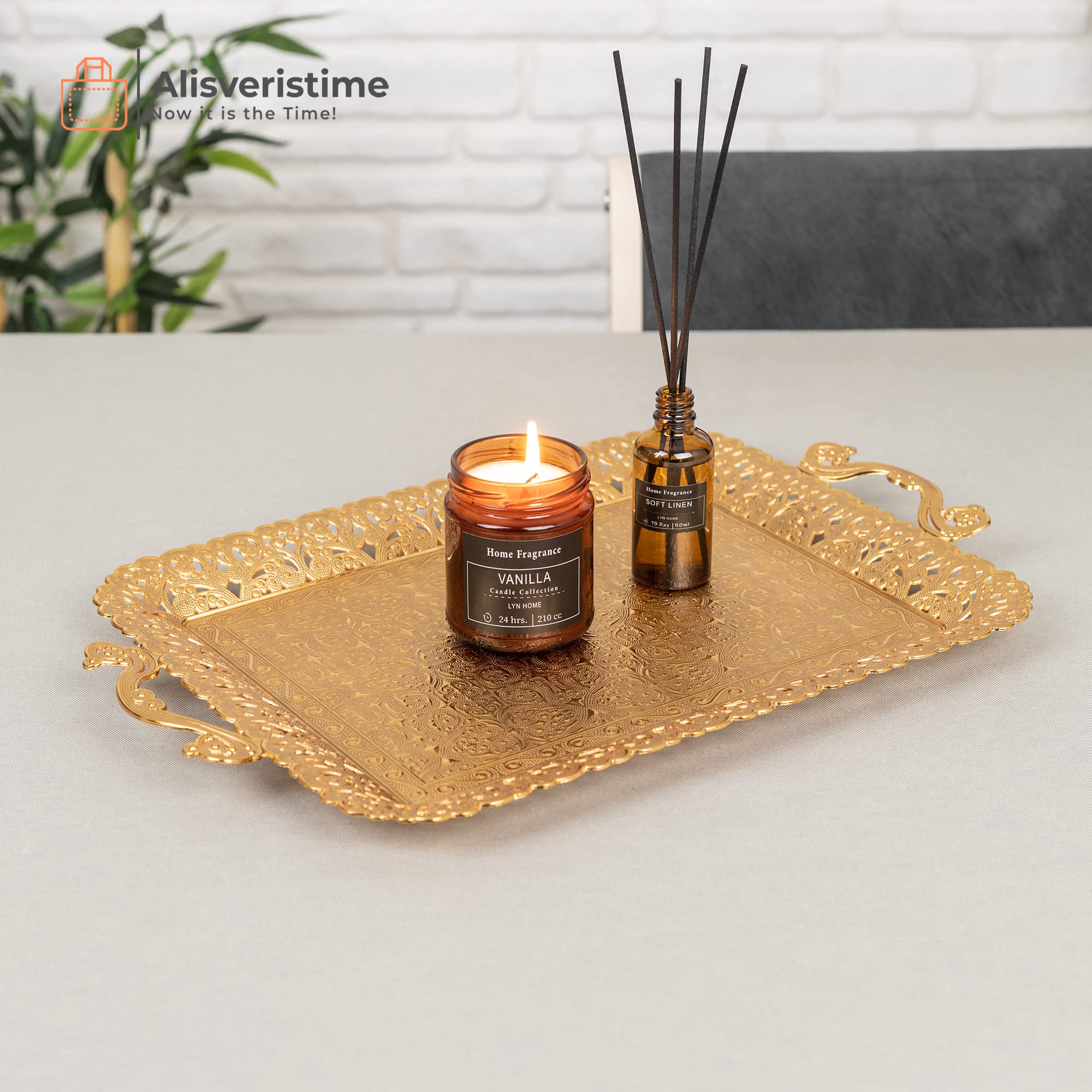 Alisveristime Turkish Ottoman Authentic Floral Design Zamak Serving Tray For Coffee & Tea (16.50 In X 11 In) (Gold)