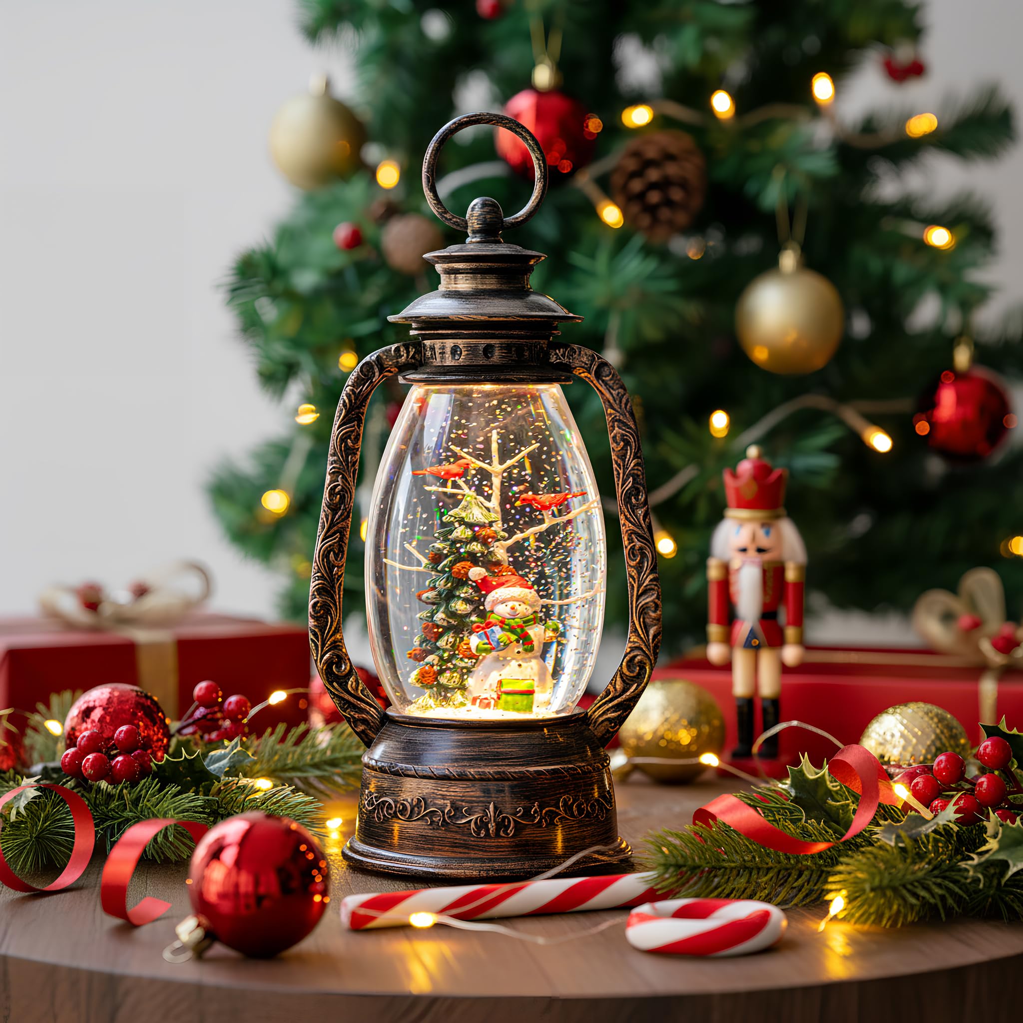 12 Christmas Musical Snow Globe Lantern Spinning Water Glittering Snowman with Holiday Tree Scene, Battery & USB Powered Light