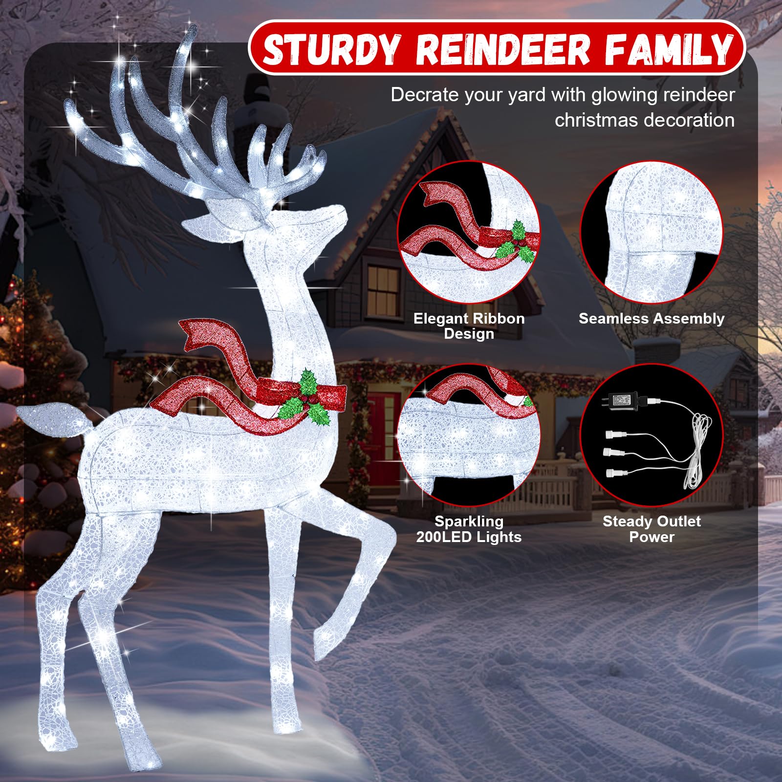 62Inch Reindeer Christmas Decoration Outdoor, 3-Piece Lighted Christmas Deer Family Set with 200 LED Cool White Lights for Yard