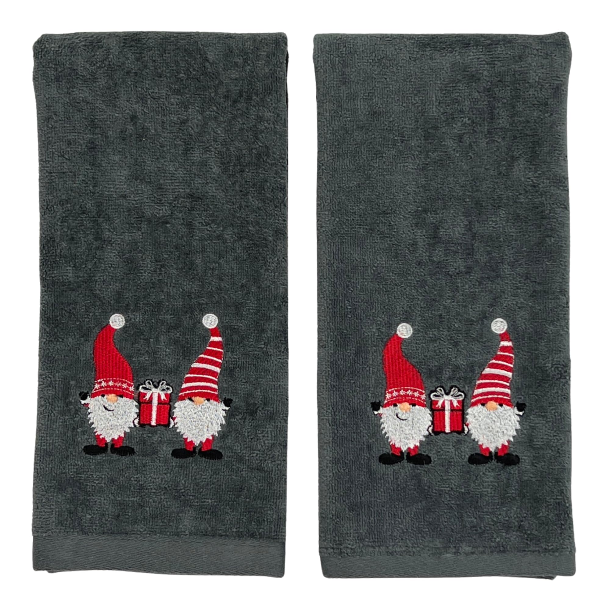 Christmas Gnomes Towel Set: Grey Hand Towels with Red White Embroidery Jolly Nordic Gnome