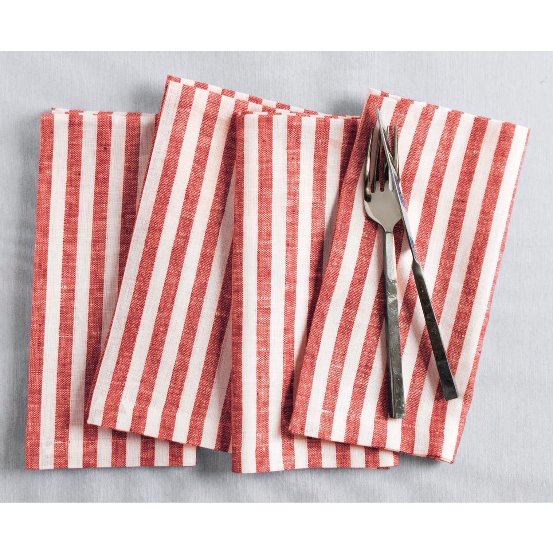 Solino Home Stripe Linen Dinner Napkins 20 X 20 Inch - 100% Pure Linen Red And White Cloth Napkins Set Of 4 - Amalfi Stripe, Han