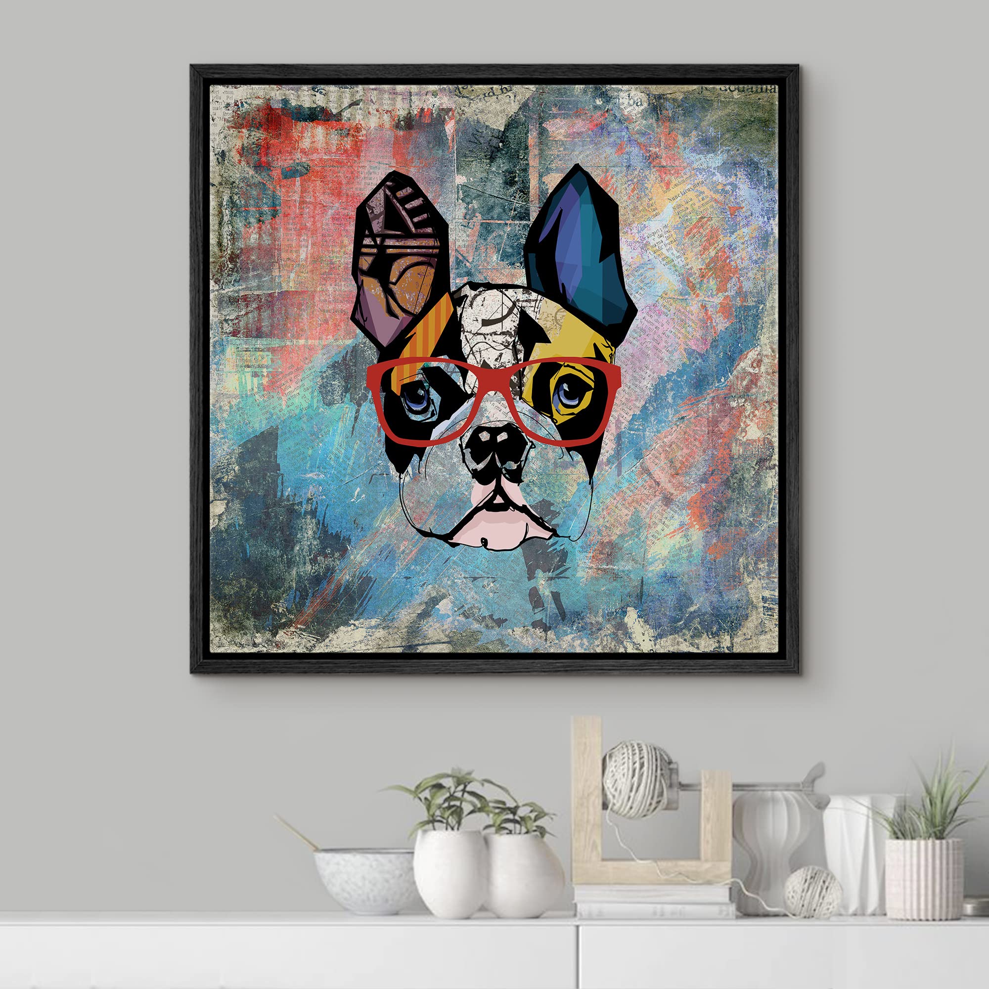 Wall26 Square Dog Series Framed Canvas Wall Art - Colorful Painting Of A Dog With Glasses With Grunge Background - Giclee Print