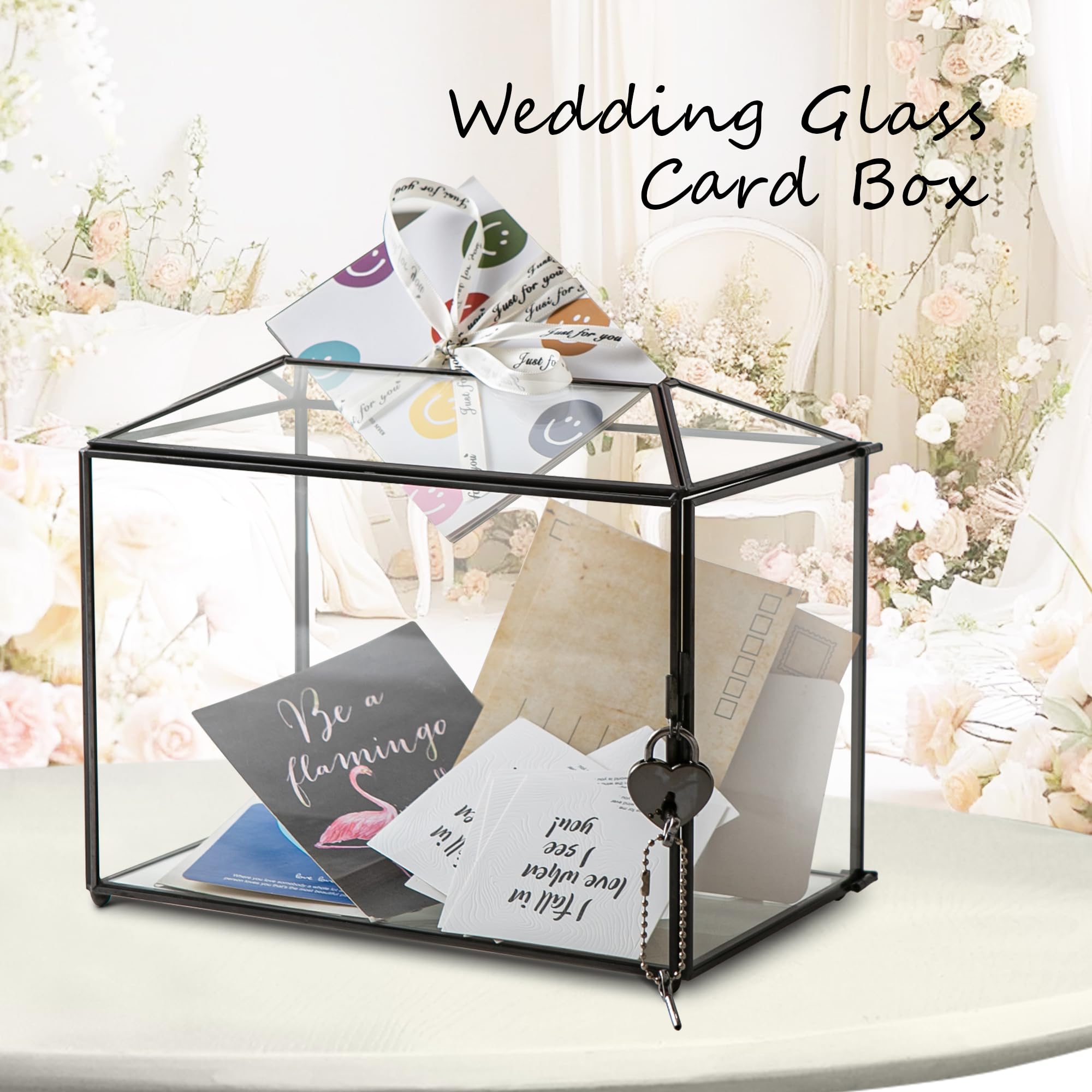 Sanllusit Wedding Glass Card Box with Slot and Lock, 10.2 x 6 x 8 Inch, Small Black Geometric Cards Holder for Birthdays Party R