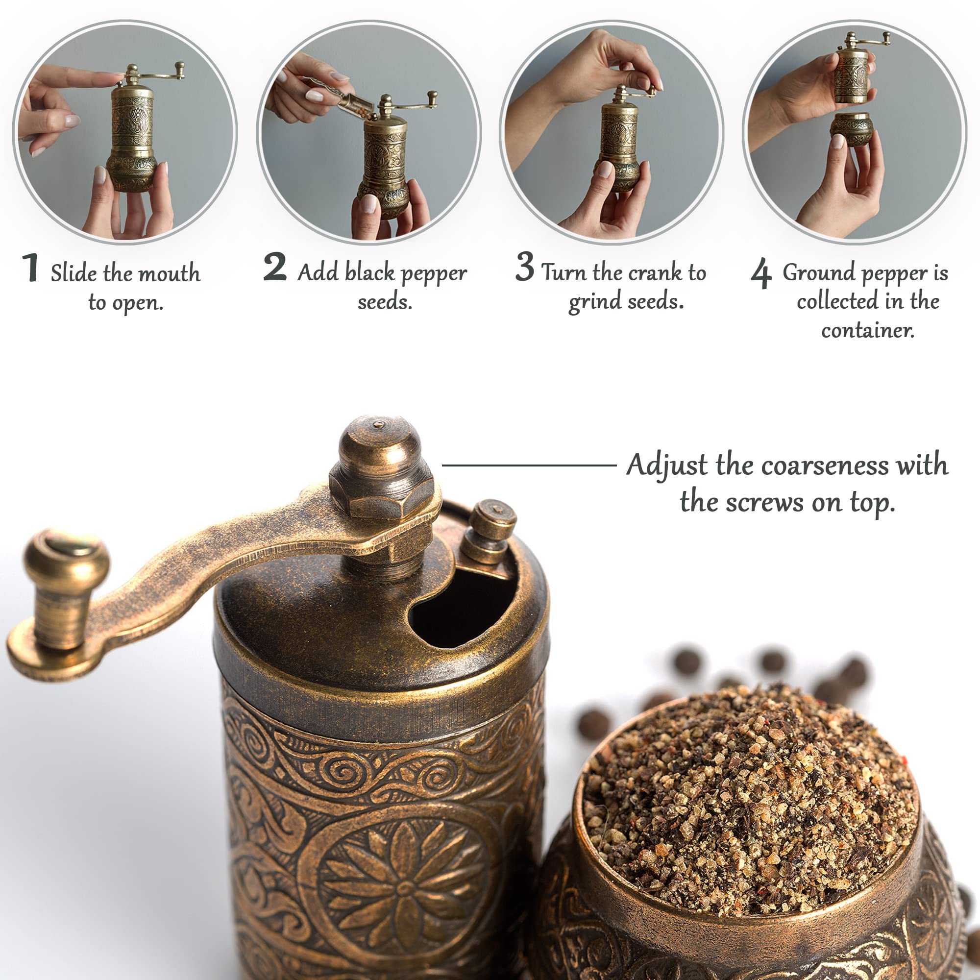 Decorative Black Pepper Grinder, Refillable Turkish Spice Mill With Adjustable Coarseness, Manual Pepper Mill With Handle, Spice