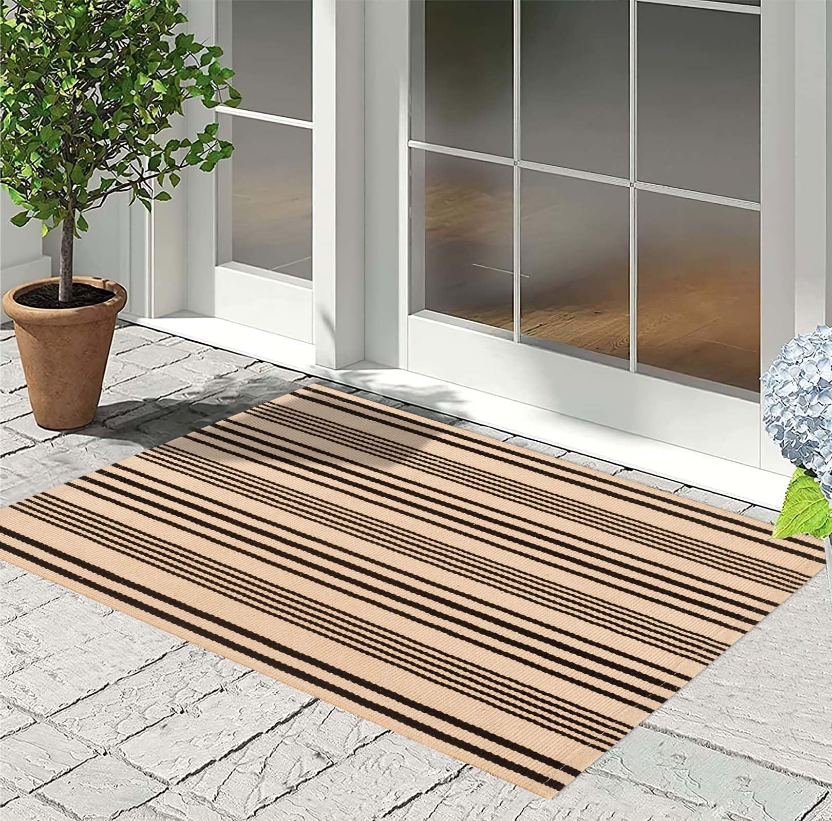 BUAGETUP Blue and White Layered Doormat,27.5x43.3inch Striped Outdoor Rug Hand Woven Cotton Indoor Outdoor Rug for Porch Layered