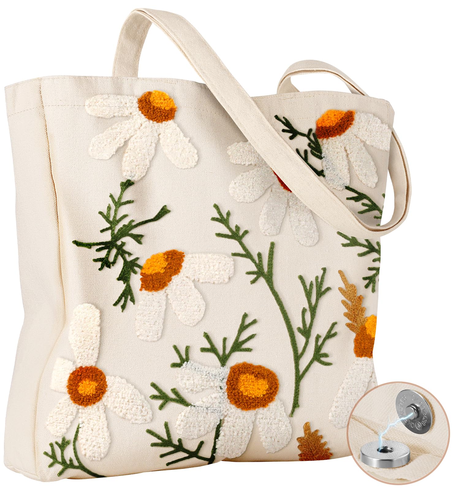 Miss Adola Aesthetic Embroidery Tote Bag for Women - Reusable Canvas Cloth Shoulder Bag with Cute 3d Full Daisy Embroidered Desi