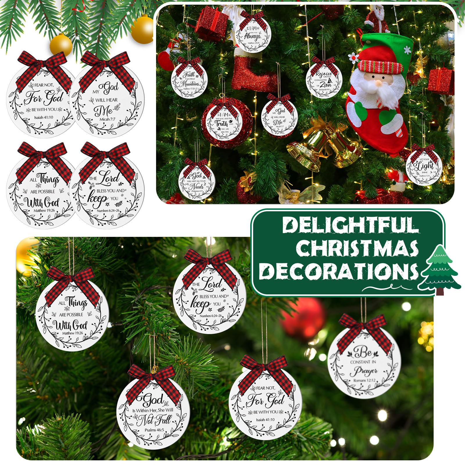 Soaoo 60 Pcs Bible Verses Ornaments Wooden Hanging Sign with Buffalo Plaid Bow and Ropes for Xmas Tree Religious Christian Gifts