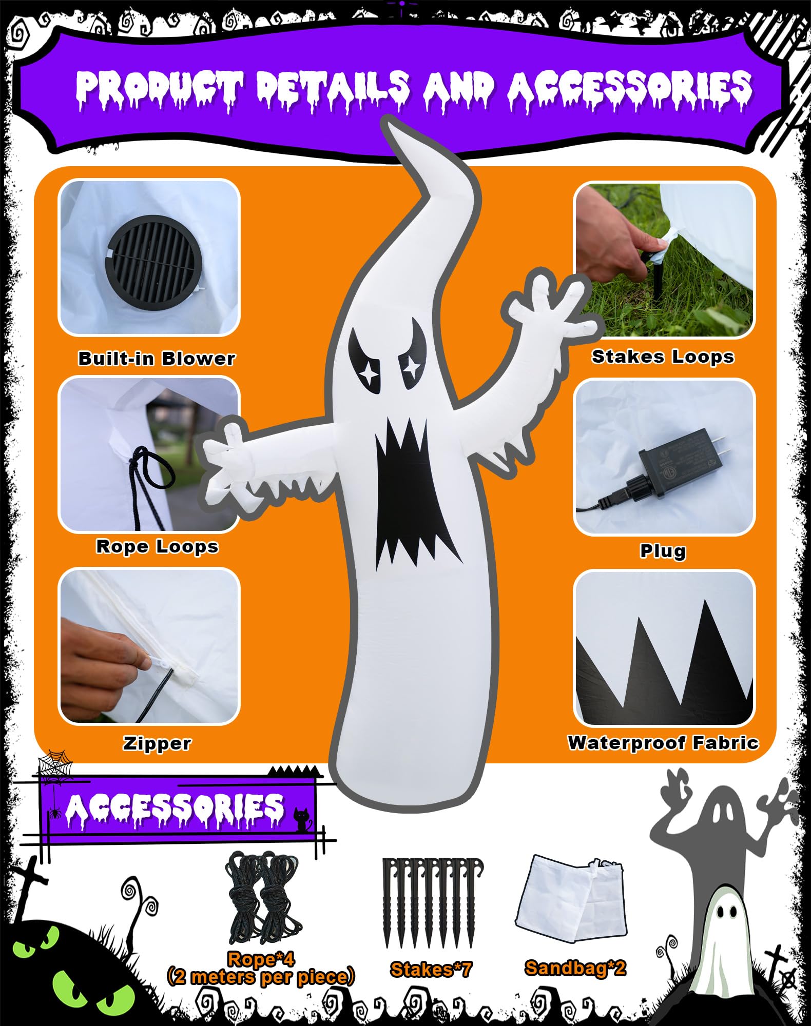 LZLXXLZL 8.7FT Halloween Inflatable Ghost Outdoor Decoration, Scary Yard Decor with LED Light, Built-in Blower & Stakes for Holi