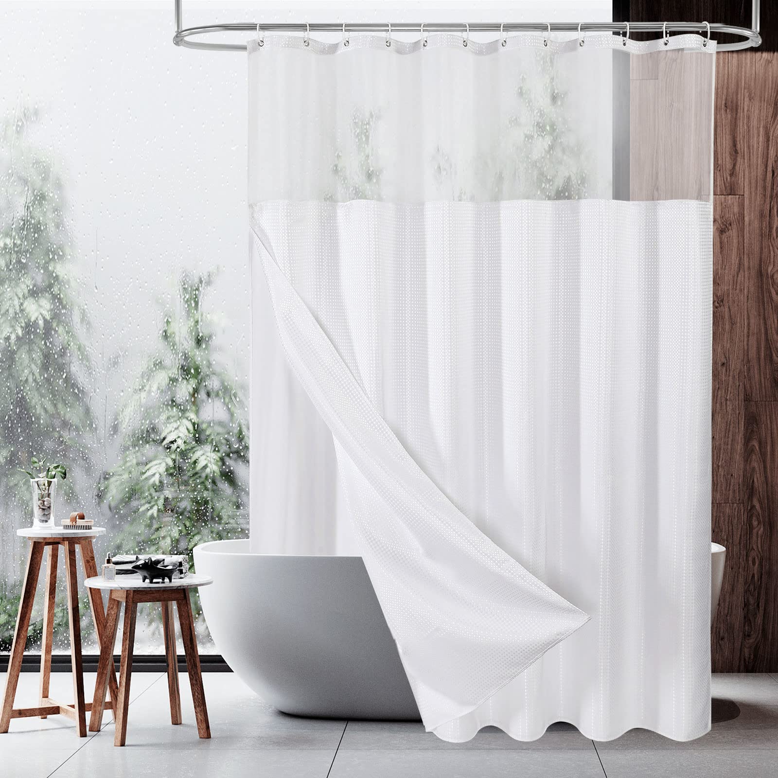 Mitovilla White Waffle Shower Curtain Set With Snap-In Liner, Modern Waffle Weave Heavyweight Fabric Shower Curtain For Luxury N