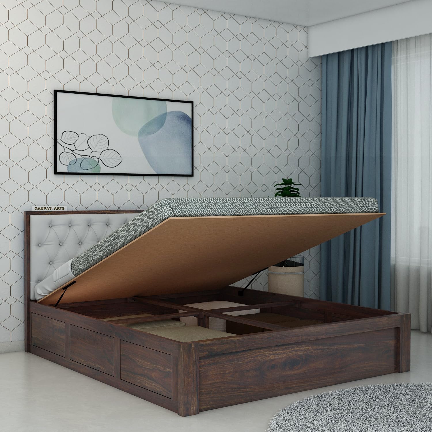 Ganpati Arts Solid Sheesham Wood Decan King Size Bed With Hydraulic Storage And Upholstery Headboard (Walnut Finish)
