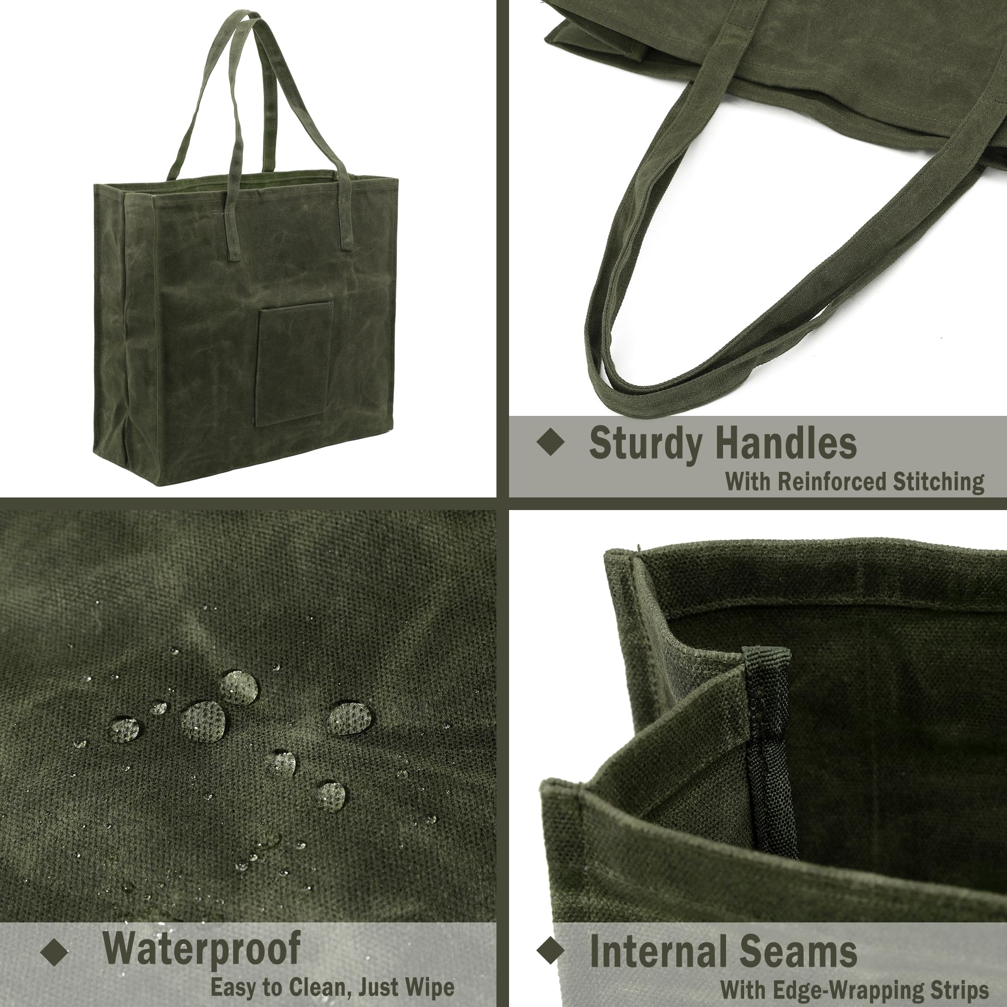 Kaaltisy Waxed Canvas Reusable Grocery Bag Heavy Duty Waterproof Shopping Bag Well Self-Standing Sturdy Farmers Market Bag, Wide
