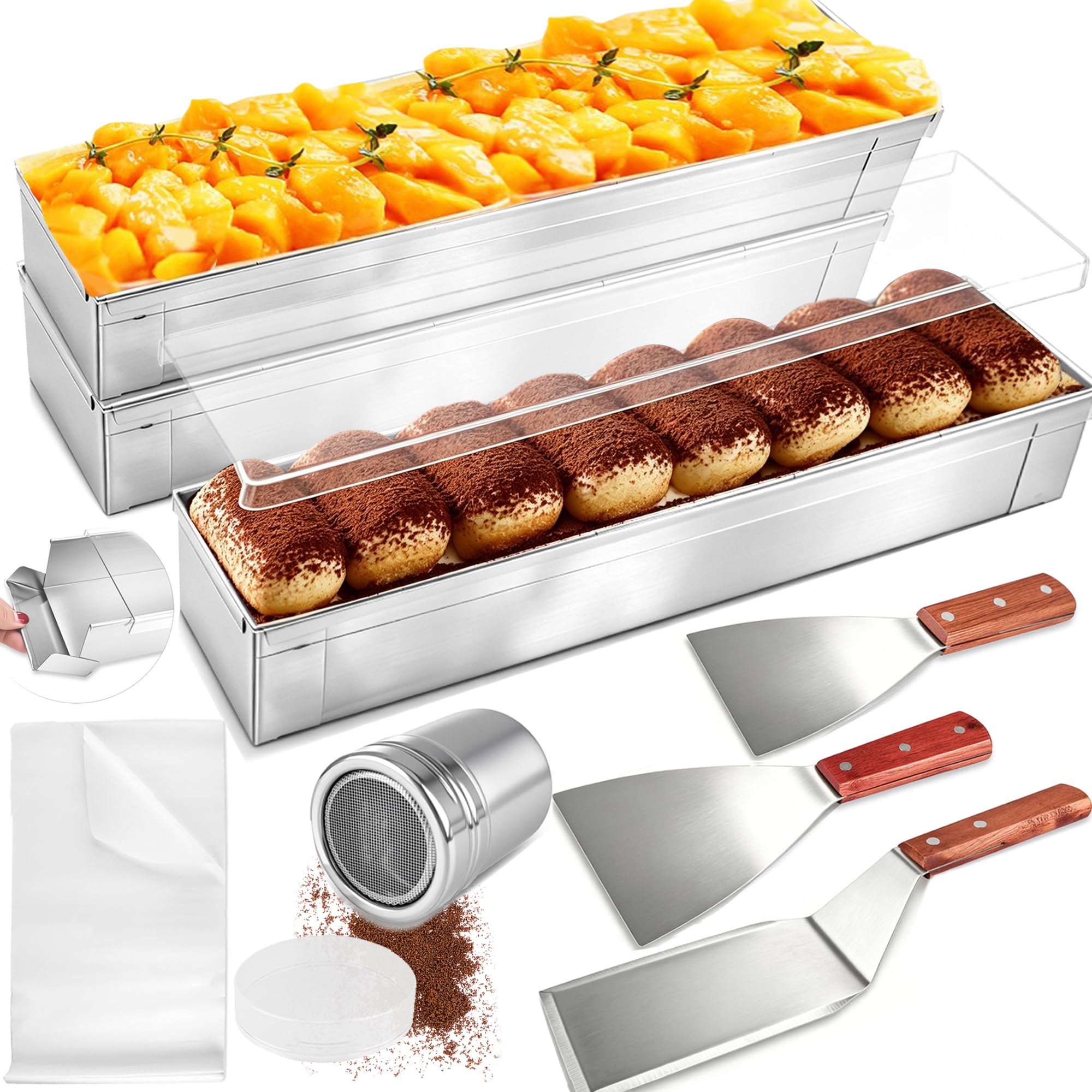 3 Pack 16 Inch Tiramisu Cake Pan Set with Lid Nonstick Rectangle Tiramisu Cake Mold with Removable Frame Stainless Steel Baking 
