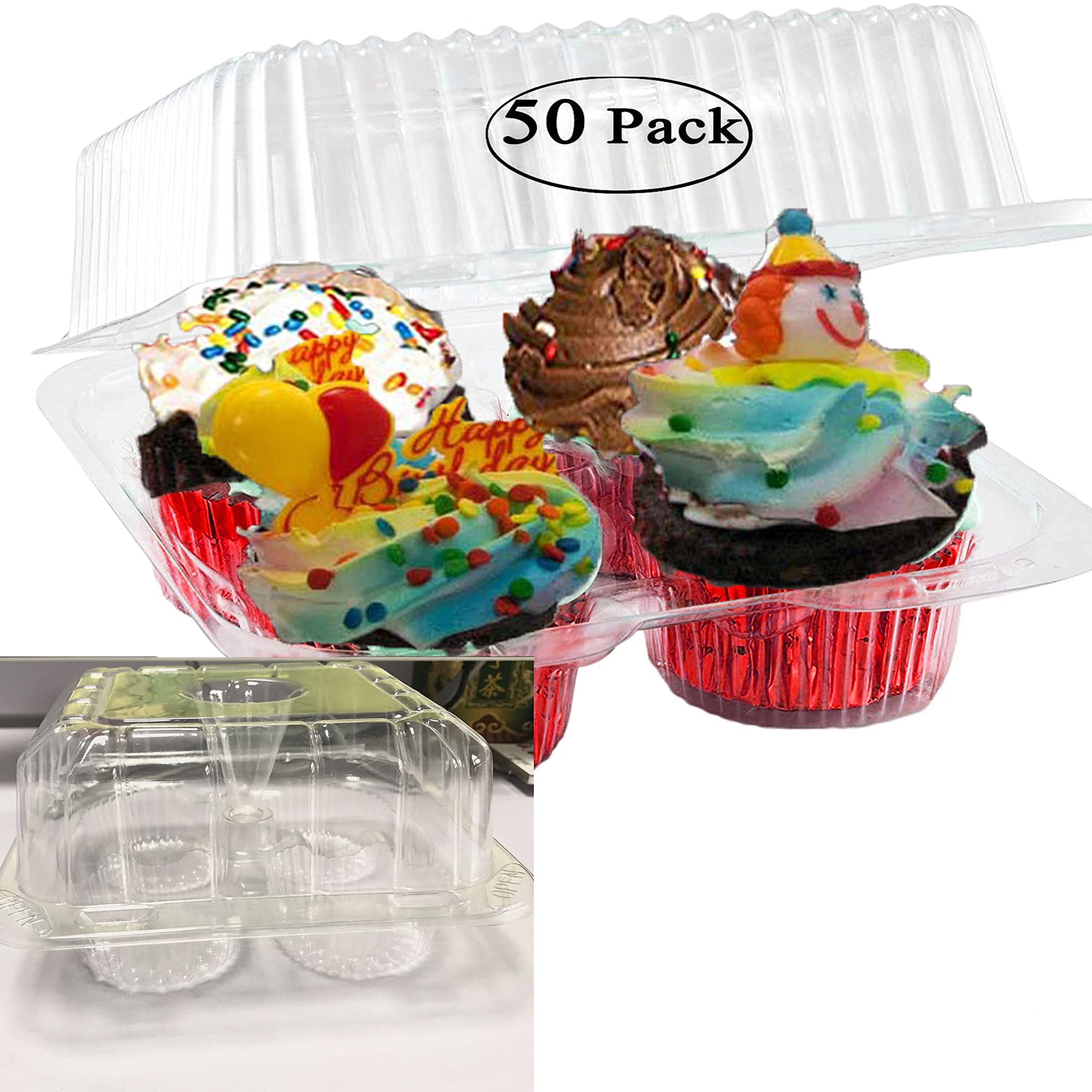 Pizety 50 Pack 4 Cavity Cupcake Container Quality Strong Muffin Cupcake Containers With Superior Hinged 4 Compartment Cupcake Bo