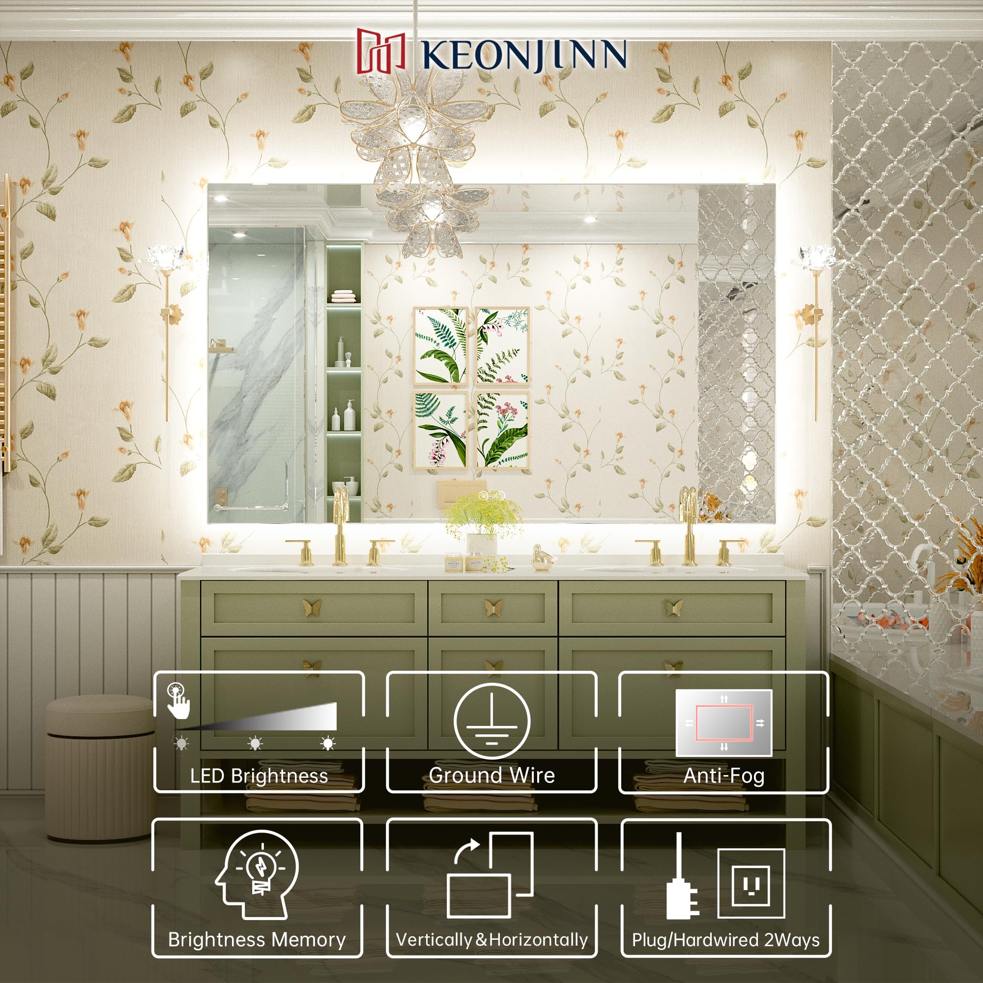 Keonjinn 60 X 36 Inch Backlit Mirror Bathroom Lighted Mirror Led Mirror Anti-Fog Wall Mounted Bathroom Vanity Mirror With Lights