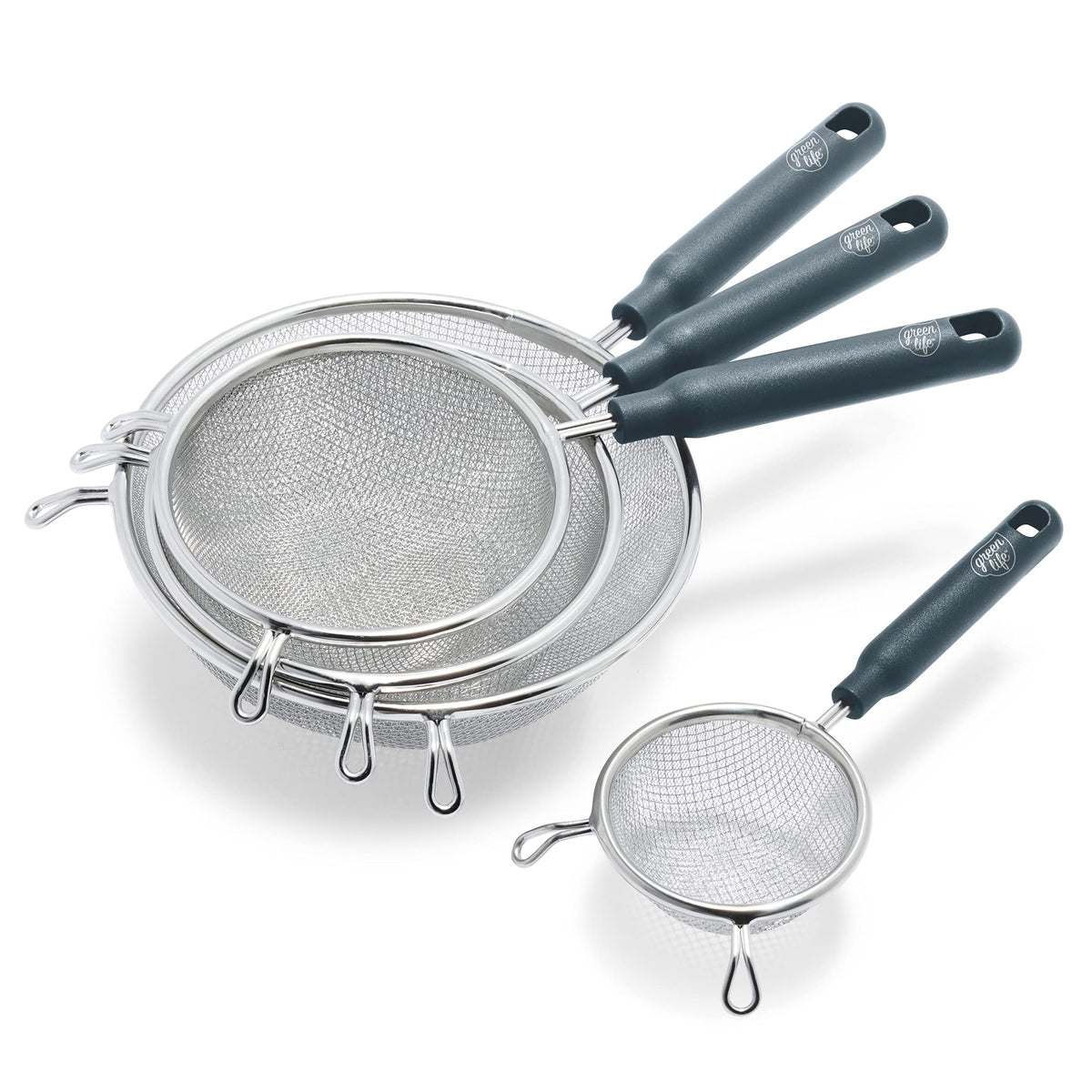 Greenlife Cooking Tools And Utensils, 4 Piece Extra Fine Stainless Steel Mesh Strainer Kitchen Set, Stay Cool Handles, Dishwashe