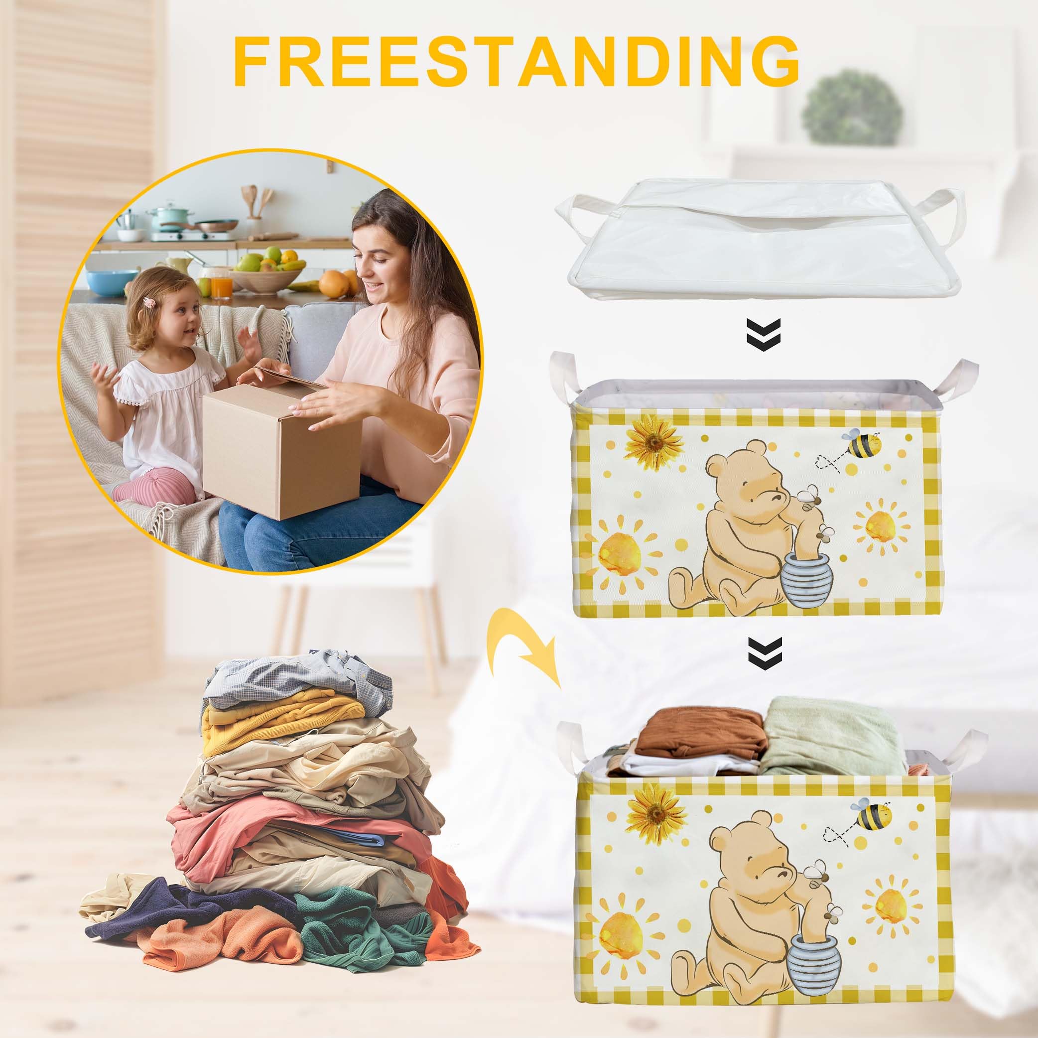 Zsatuiy Winnie Nursery Decor, The Pooh Baby Stuff, Winnie Storage Nursery Basket, Large Squarecanvas Laundry Hamper With A Water